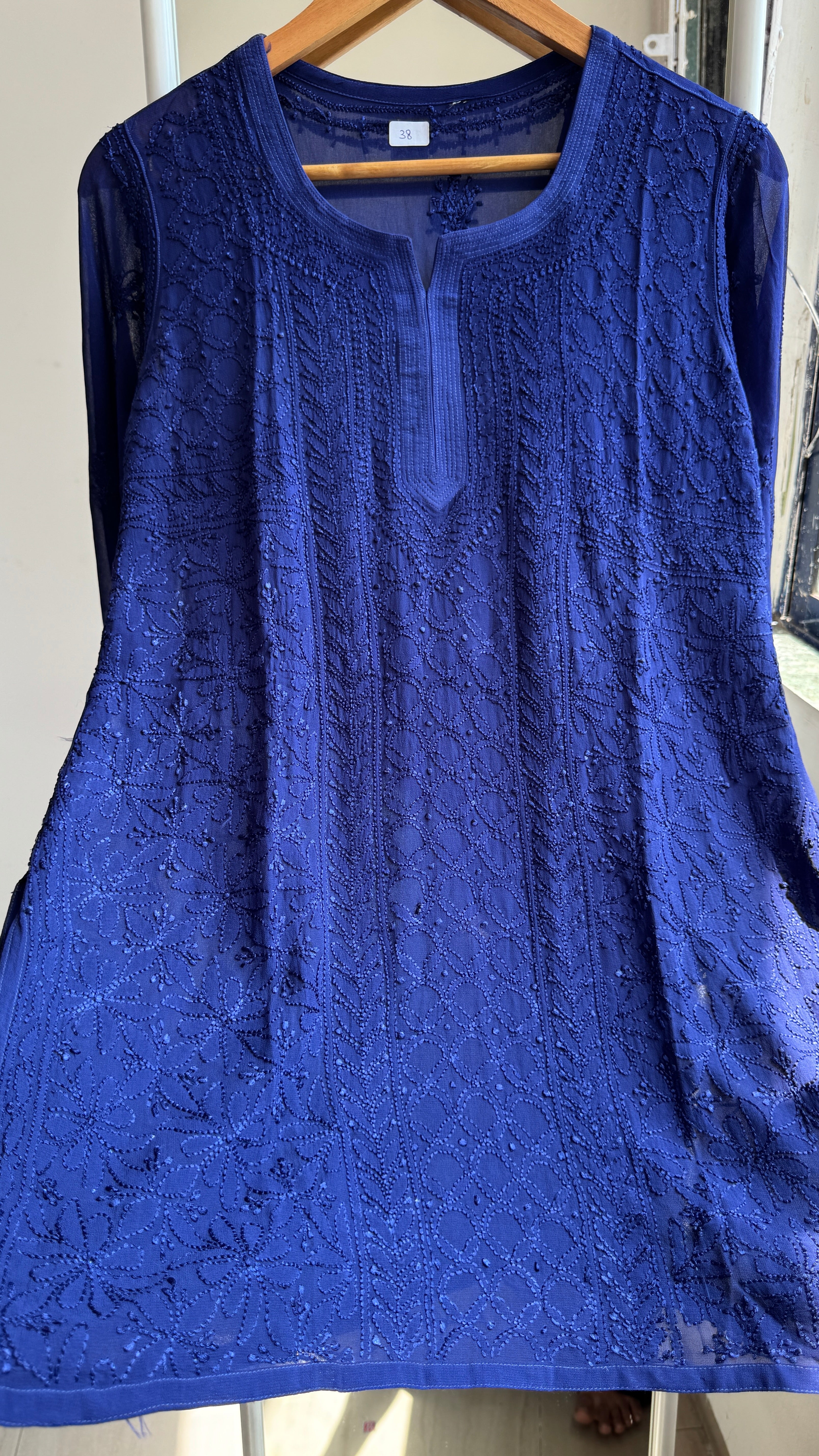 Chikankari Viscose Georgette short Top in Navy Blue
