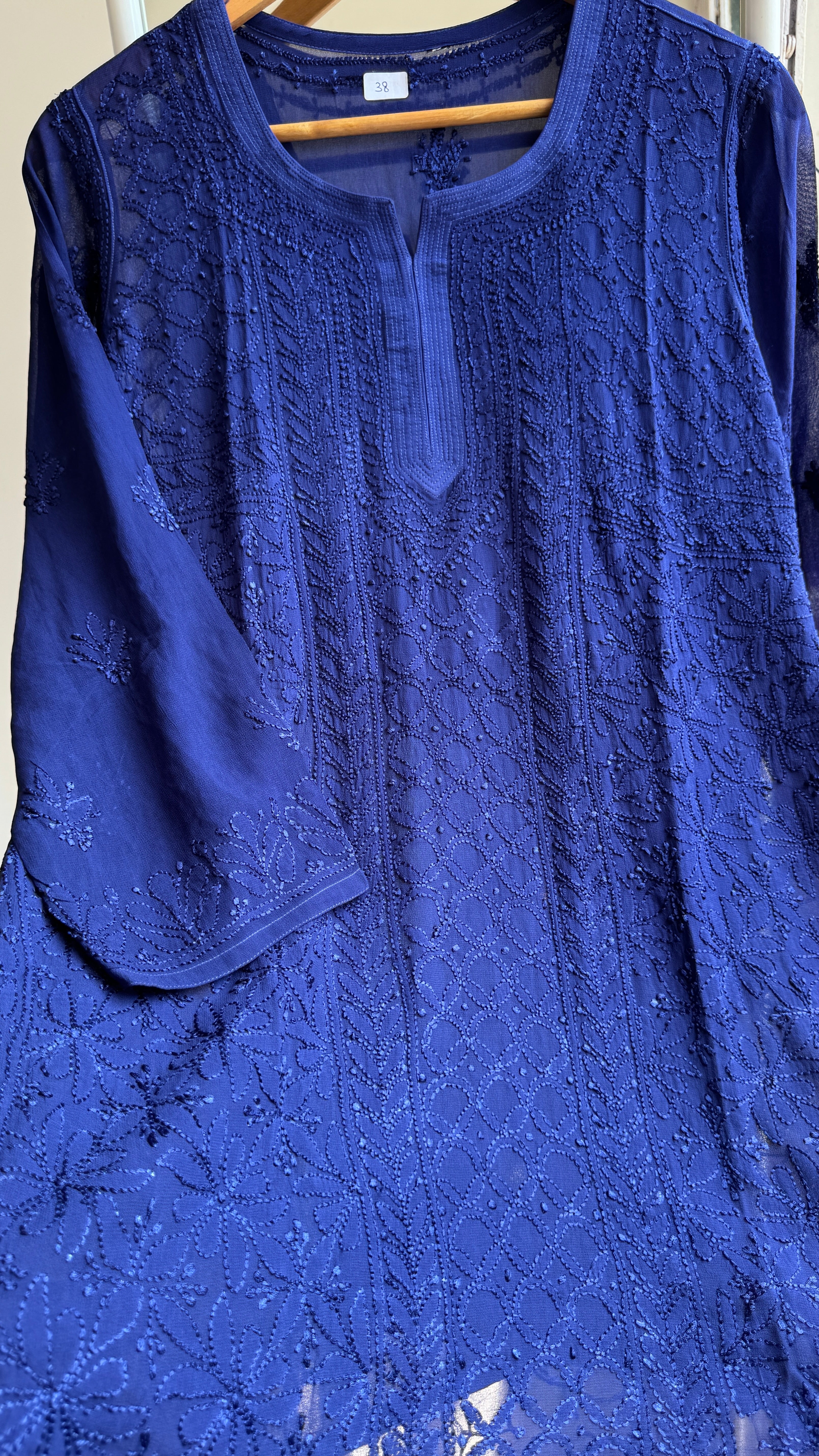 Chikankari Viscose Georgette short Top in Navy Blue