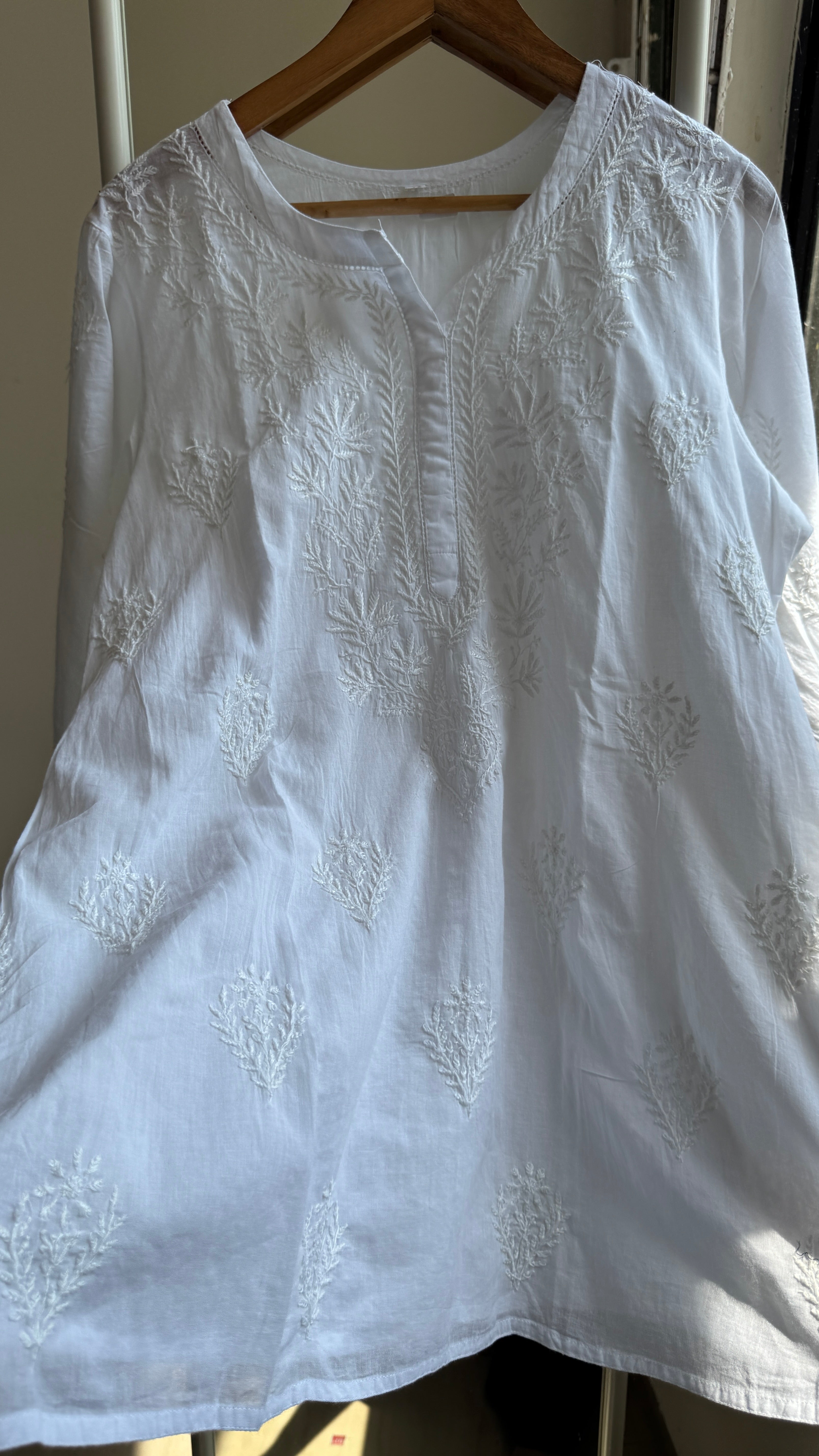 Mul Cotton Chikankari Full sleeves short Top - White - ZOYA Collection