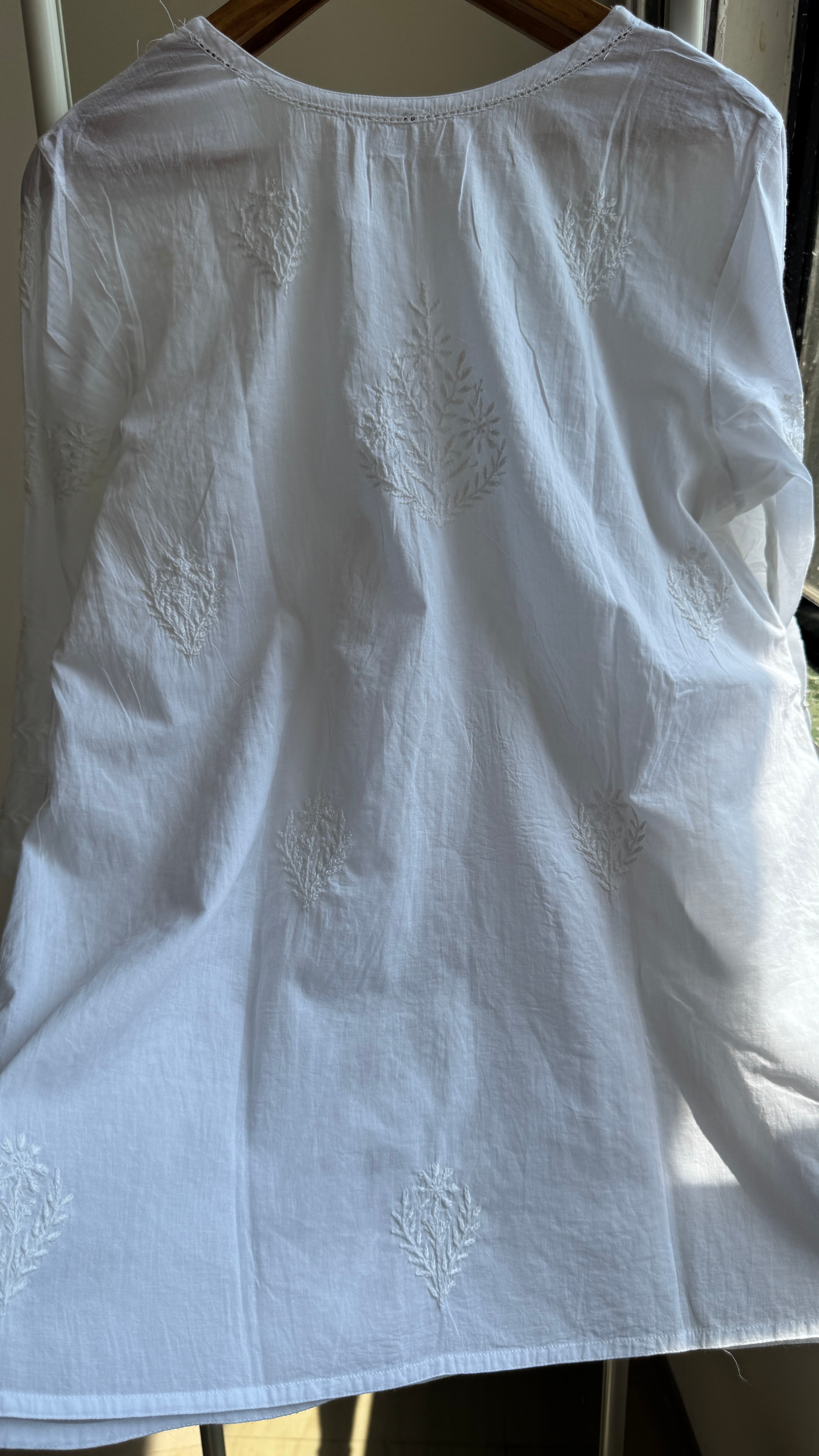 Mul Cotton Chikankari Full sleeves short Top - White - ZOYA Collection