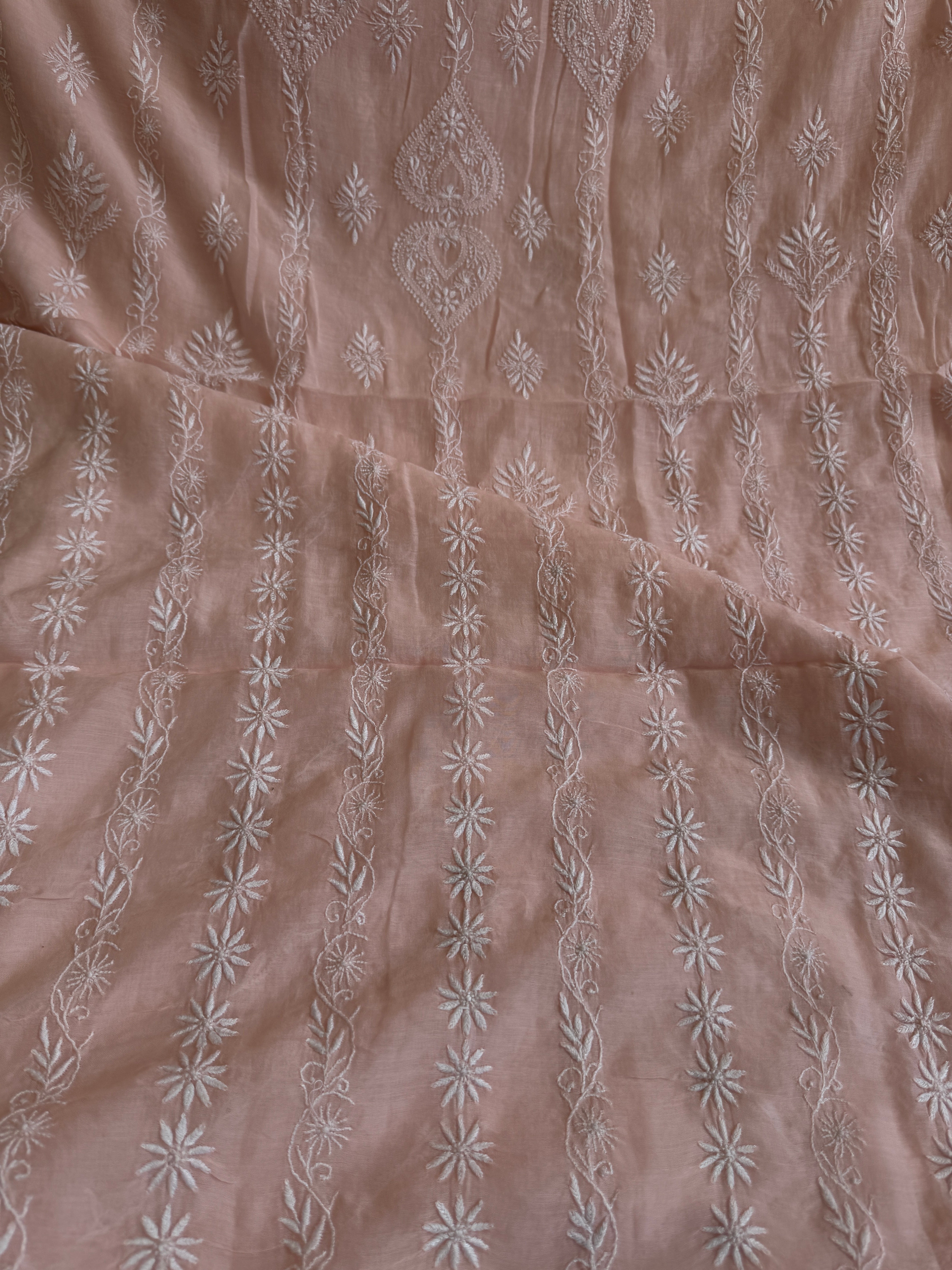Mul Chanderi Chikankari Unstitched Length with Dupatta - Pale Pink ARIAA CHIKANKARI 