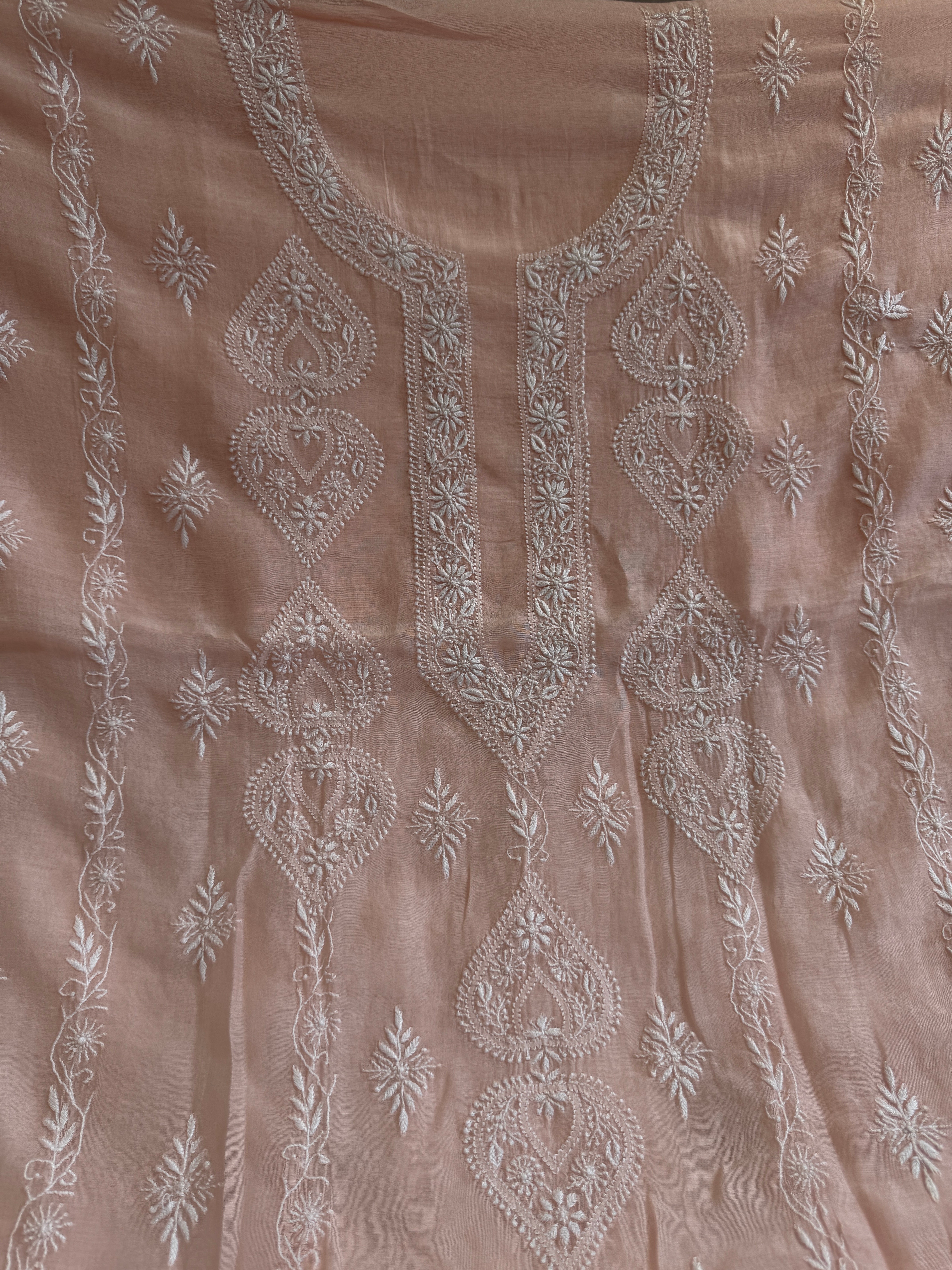 Mul Chanderi Chikankari Unstitched Length with Dupatta - Pale Pink ARIAA CHIKANKARI 