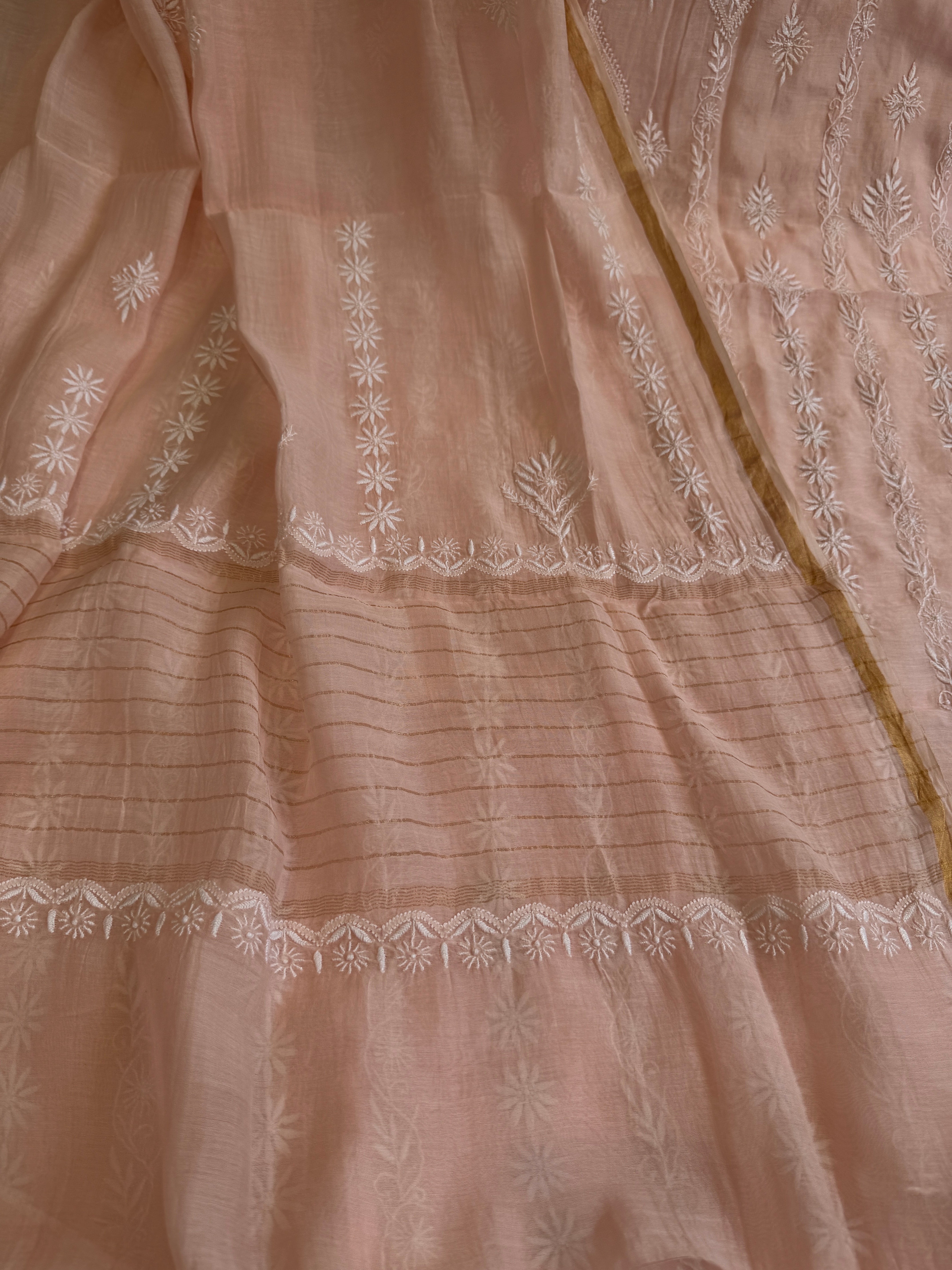 Mul Chanderi Chikankari Unstitched Length with Dupatta - Pale Pink ARIAA CHIKANKARI 