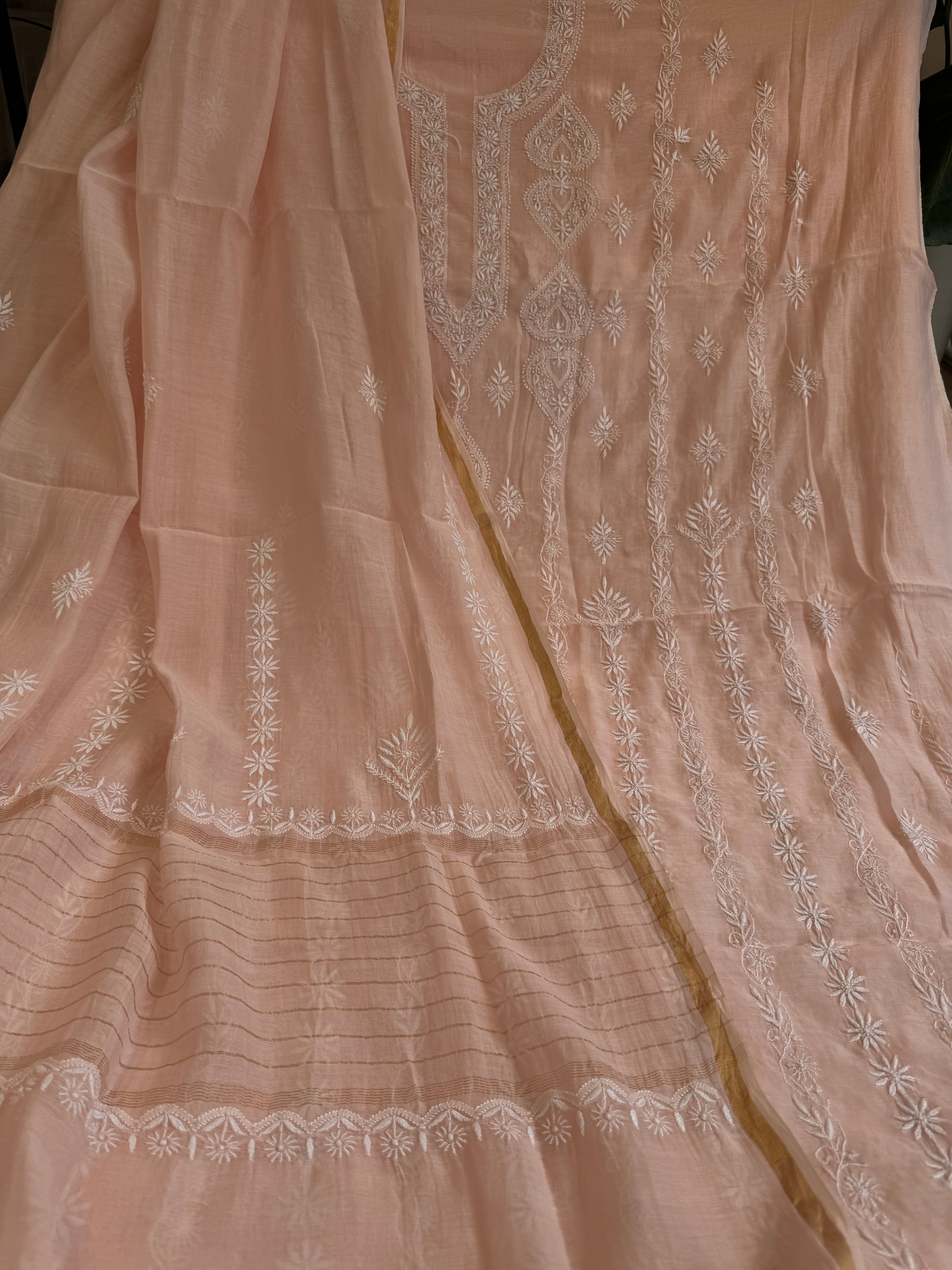 Mul Chanderi Chikankari Unstitched Length with Dupatta - Pale Pink
