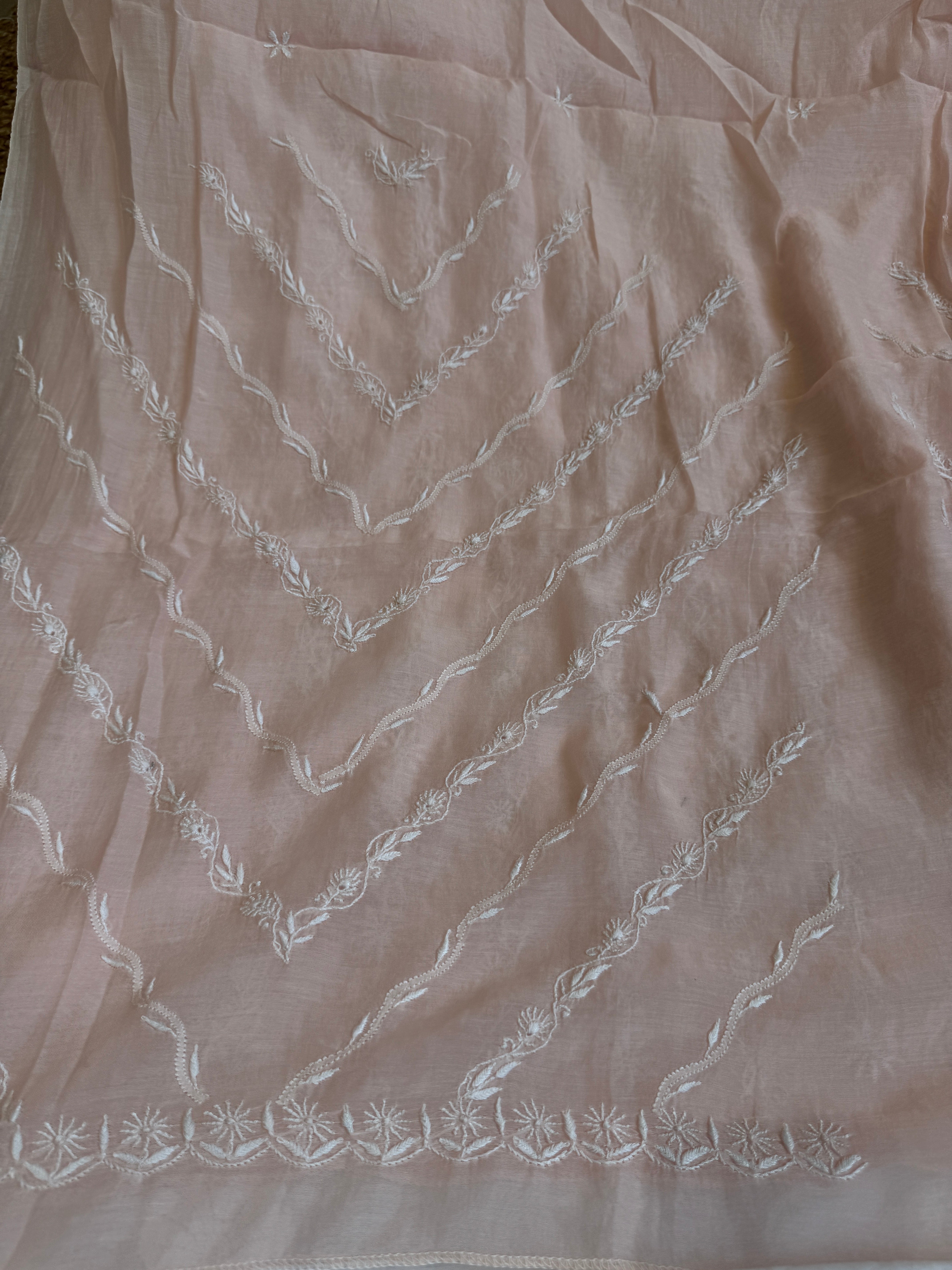 Mul Chanderi Chikankari Unstitched Length with Dupatta - Pale Pink ARIAA CHIKANKARI 