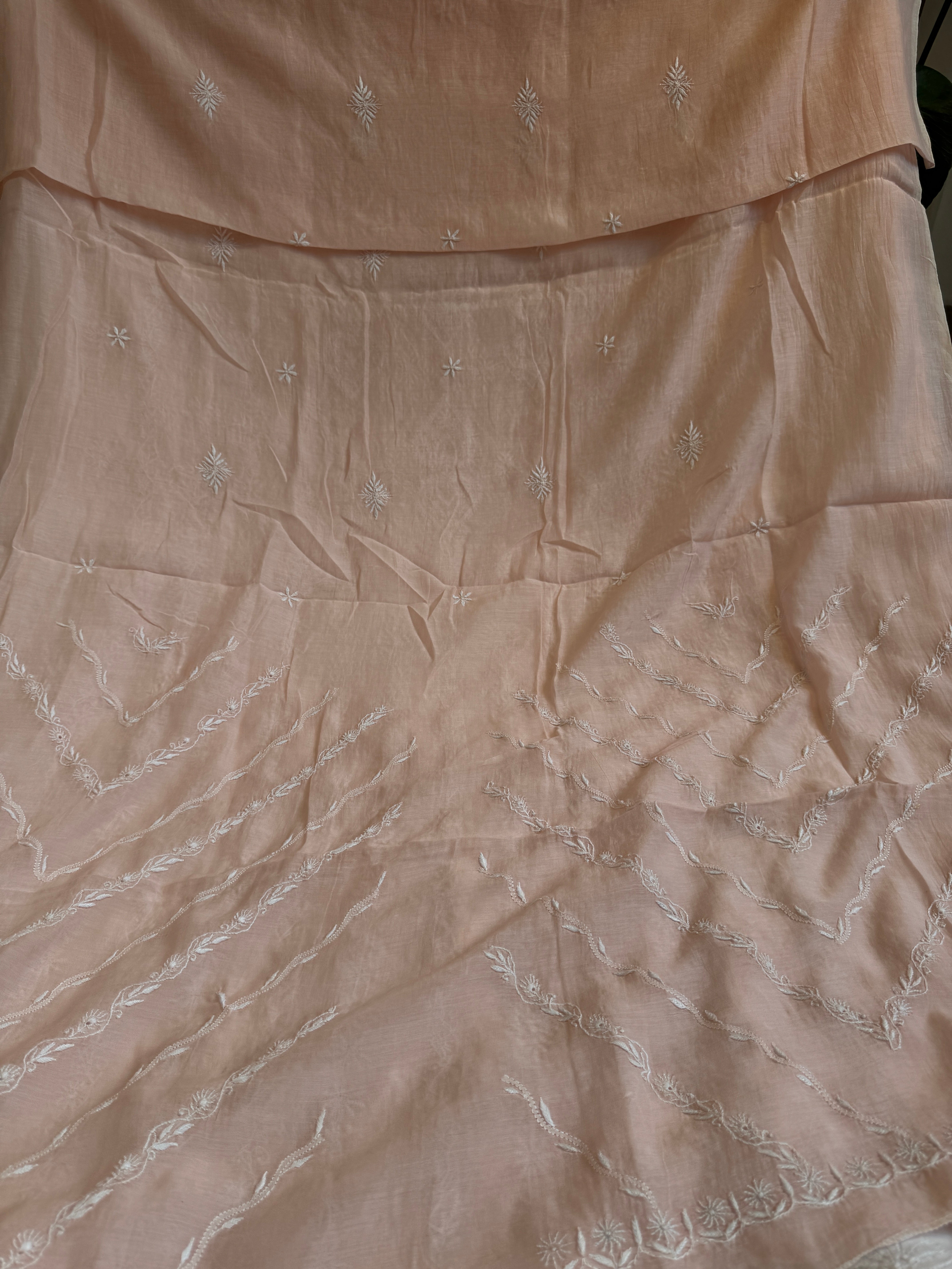 Mul Chanderi Chikankari Unstitched Length with Dupatta - Pale Pink ARIAA CHIKANKARI 