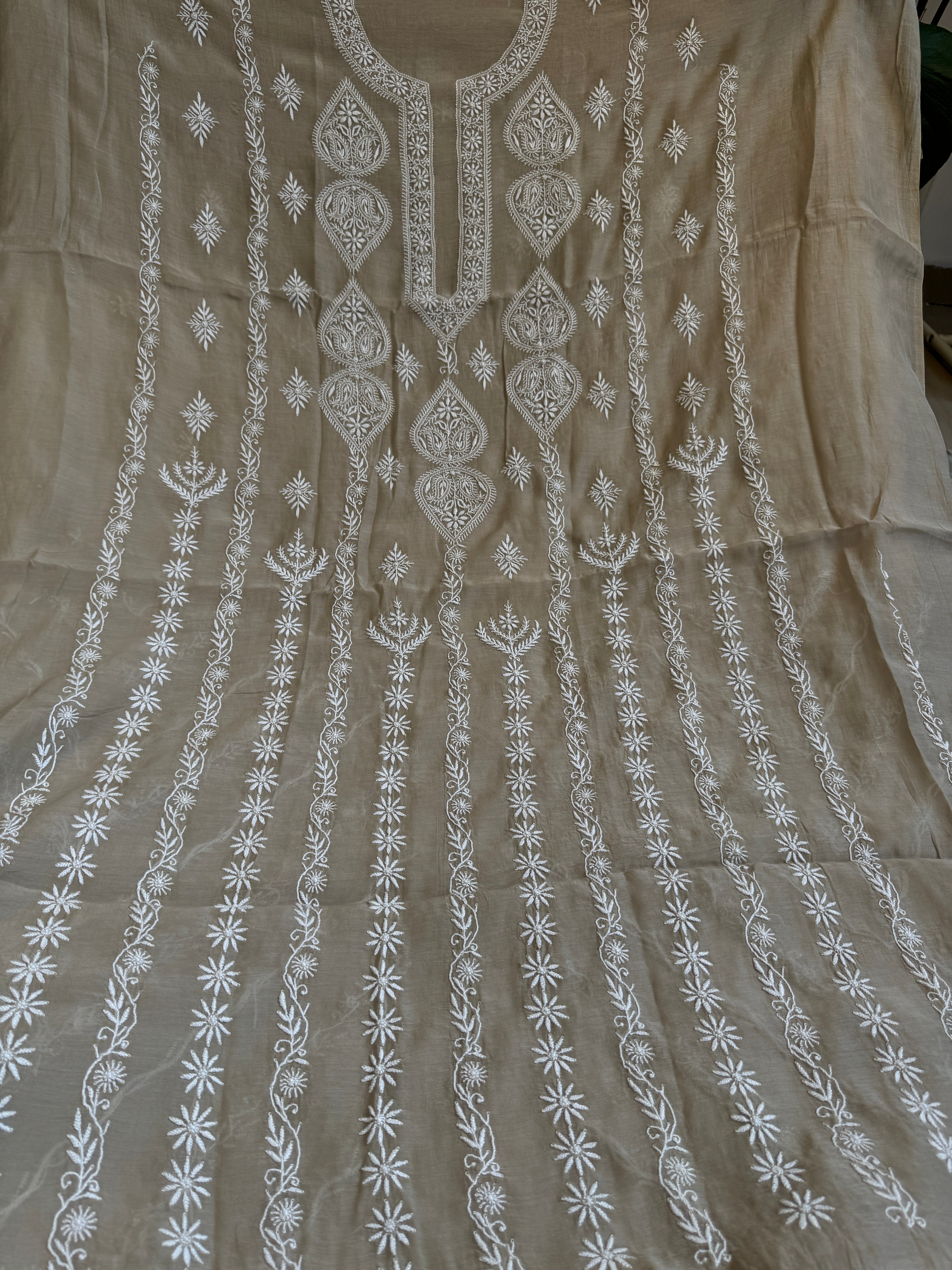 Mul Chanderi Chikankari Unstitched Length with Dupatta - Beige