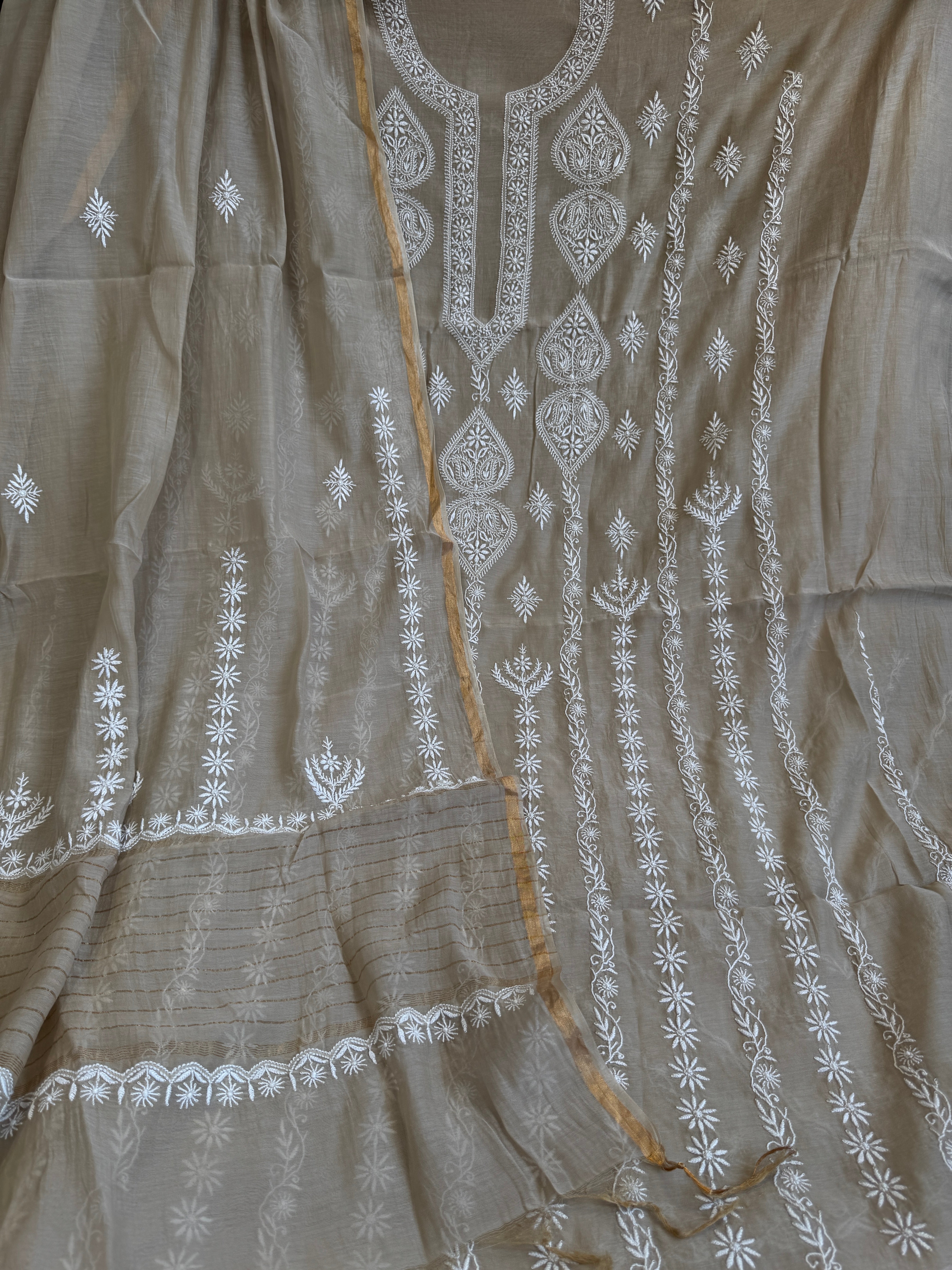 Mul Chanderi Chikankari Unstitched Length with Dupatta - Beige