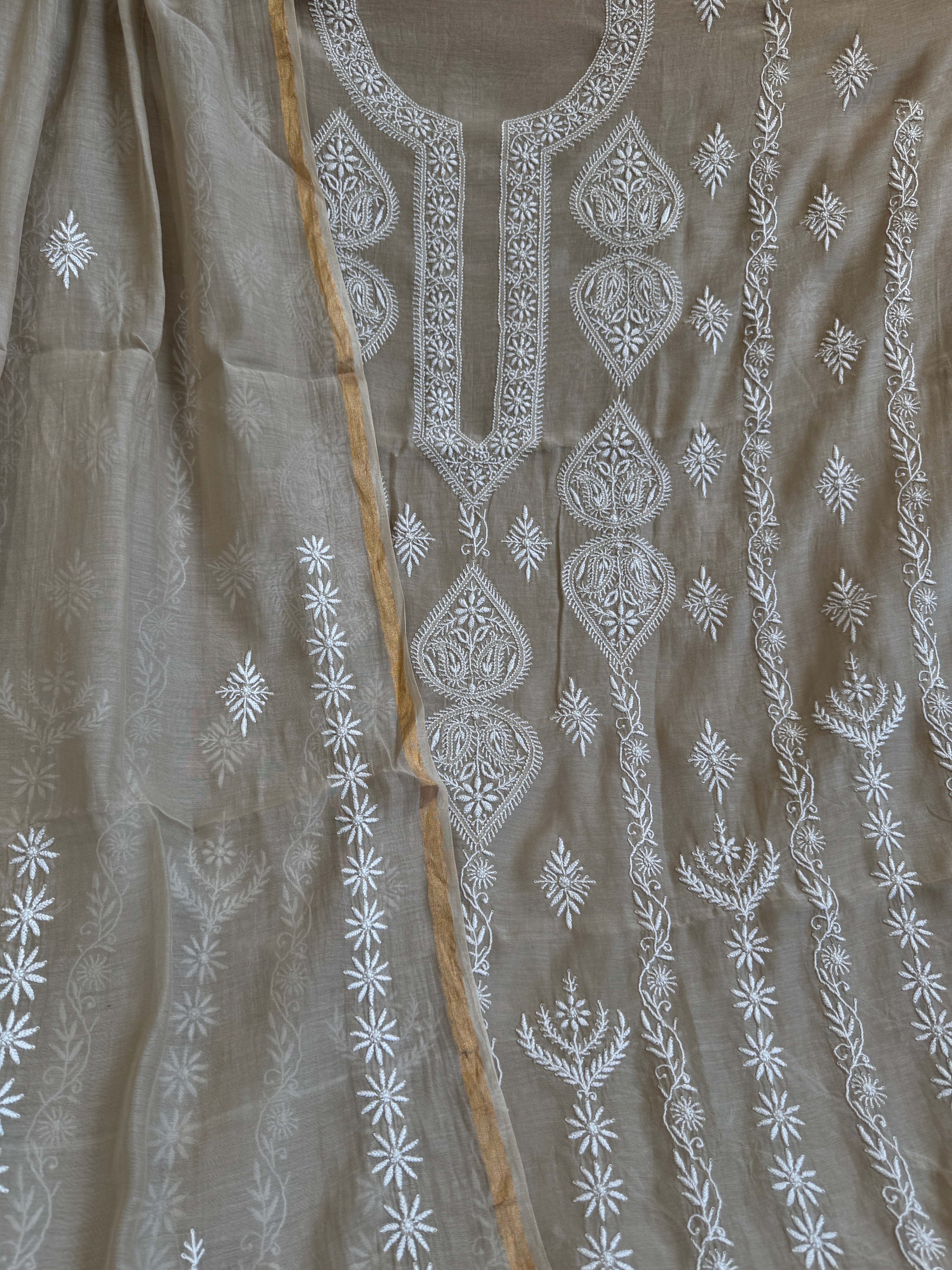 Mul Chanderi Chikankari Unstitched Length with Dupatta - Beige