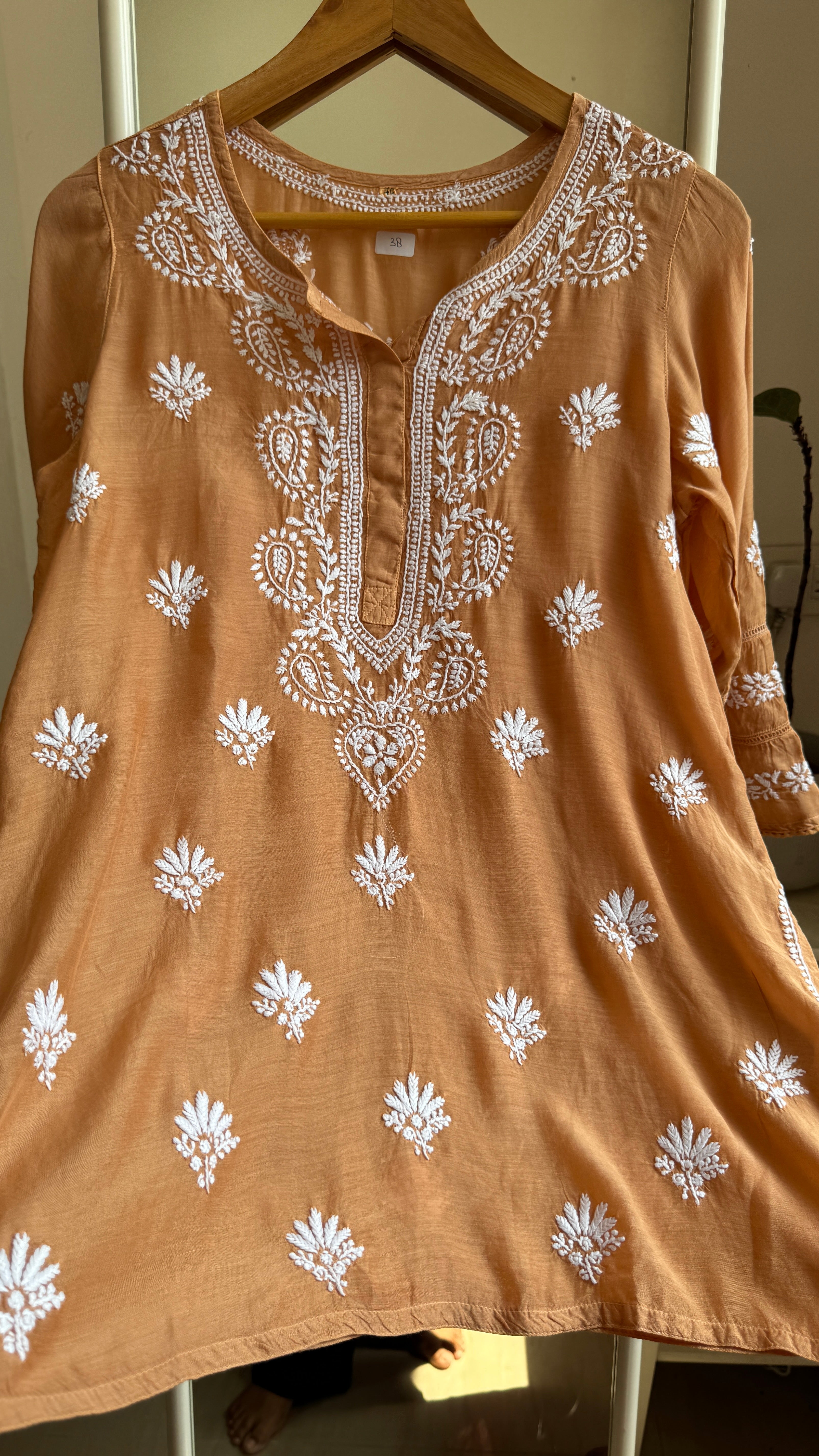 Chikankari Muslin short Top in Copper Brown - HOOR Collection