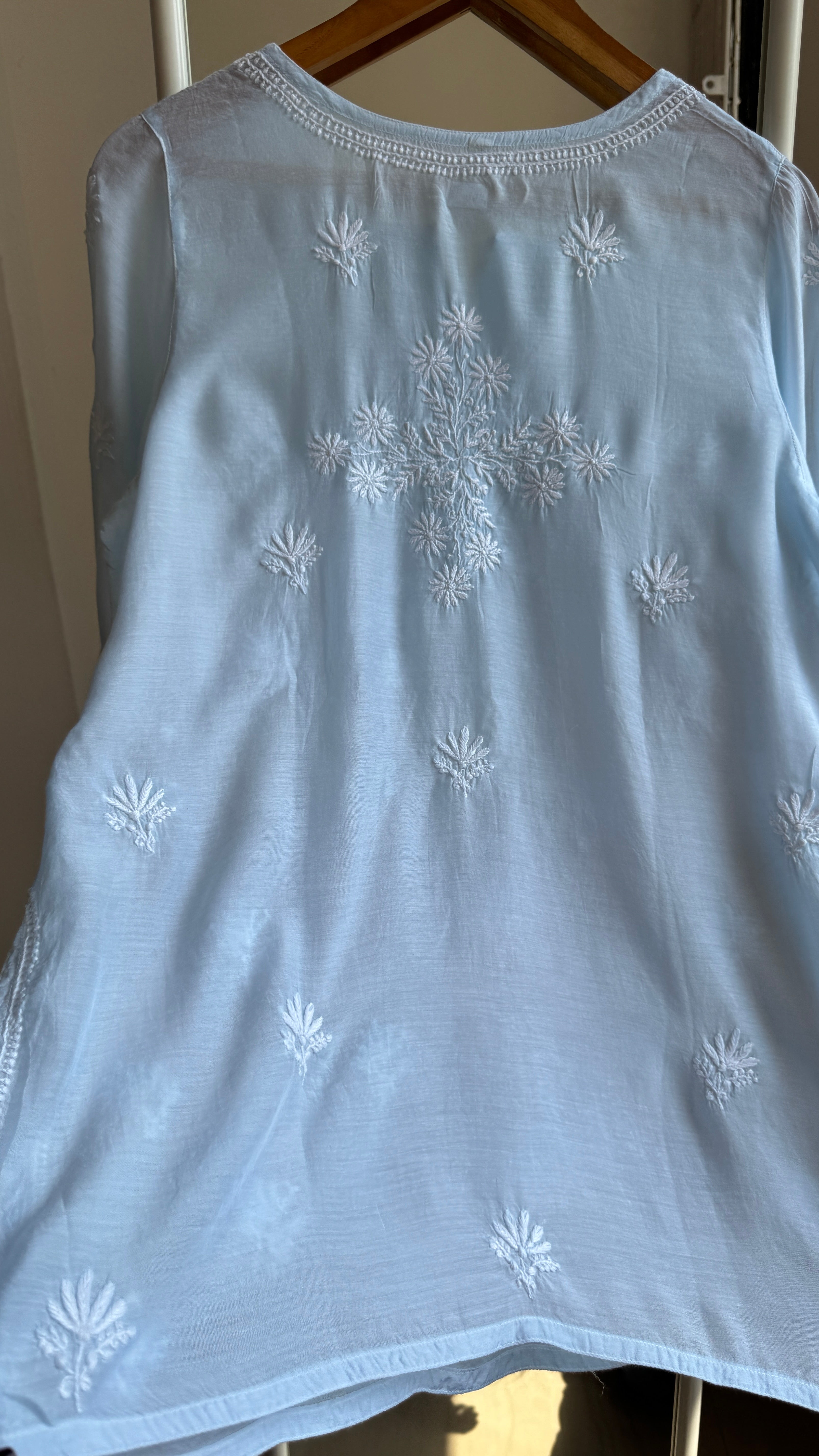 Chikankari Muslin short Top in Baby Blue - HOOR Collection