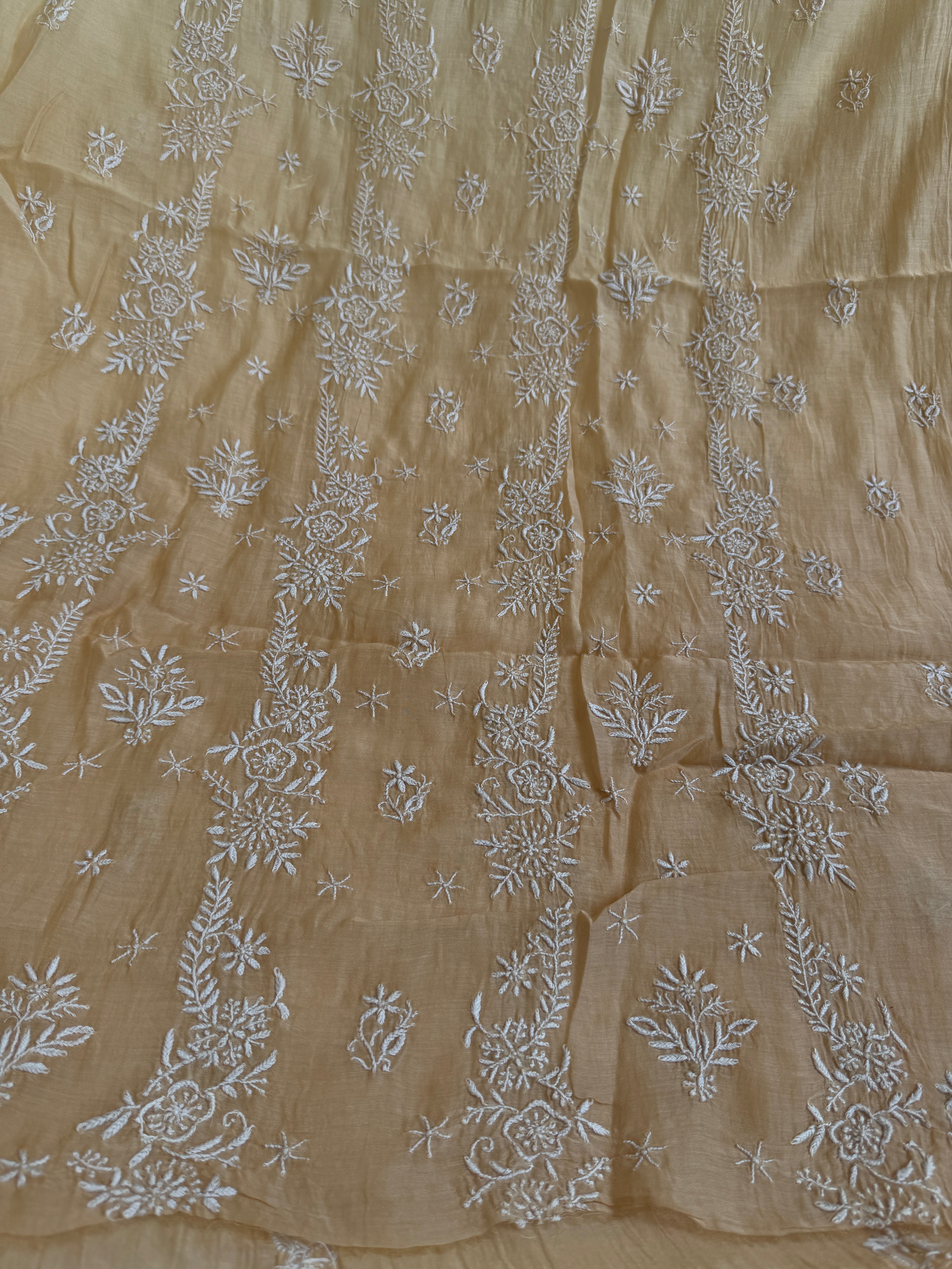 Mul Chanderi Chikankari Unstitched Length with Dupatta -Beige Ombre ARIAA CHIKANKARI 