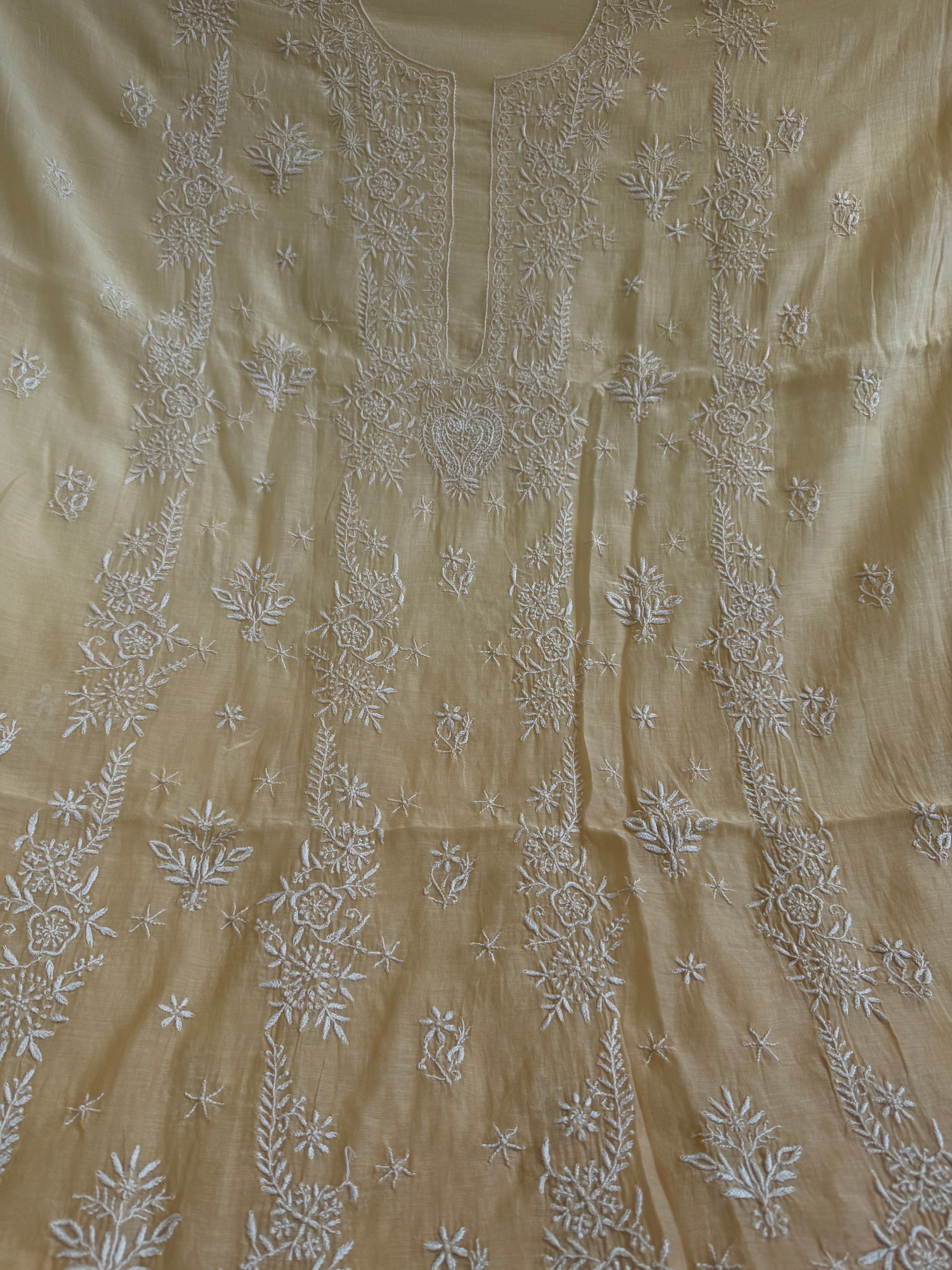 Mul Chanderi Chikankari Unstitched Length with Dupatta -Beige Ombre ARIAA CHIKANKARI 