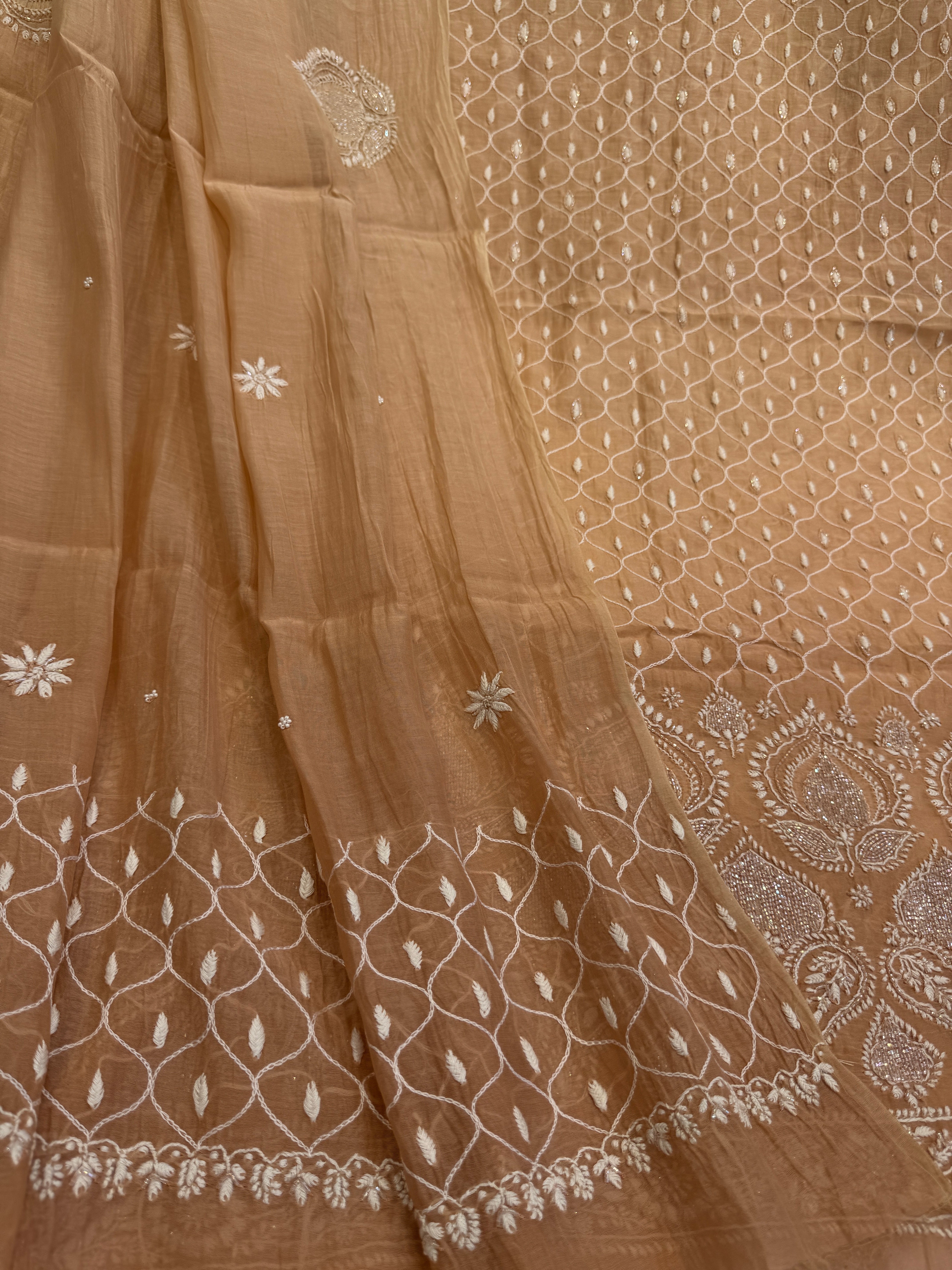 Mul Chanderi Chikankari  - Peach ARIAA CHIKANKARI 