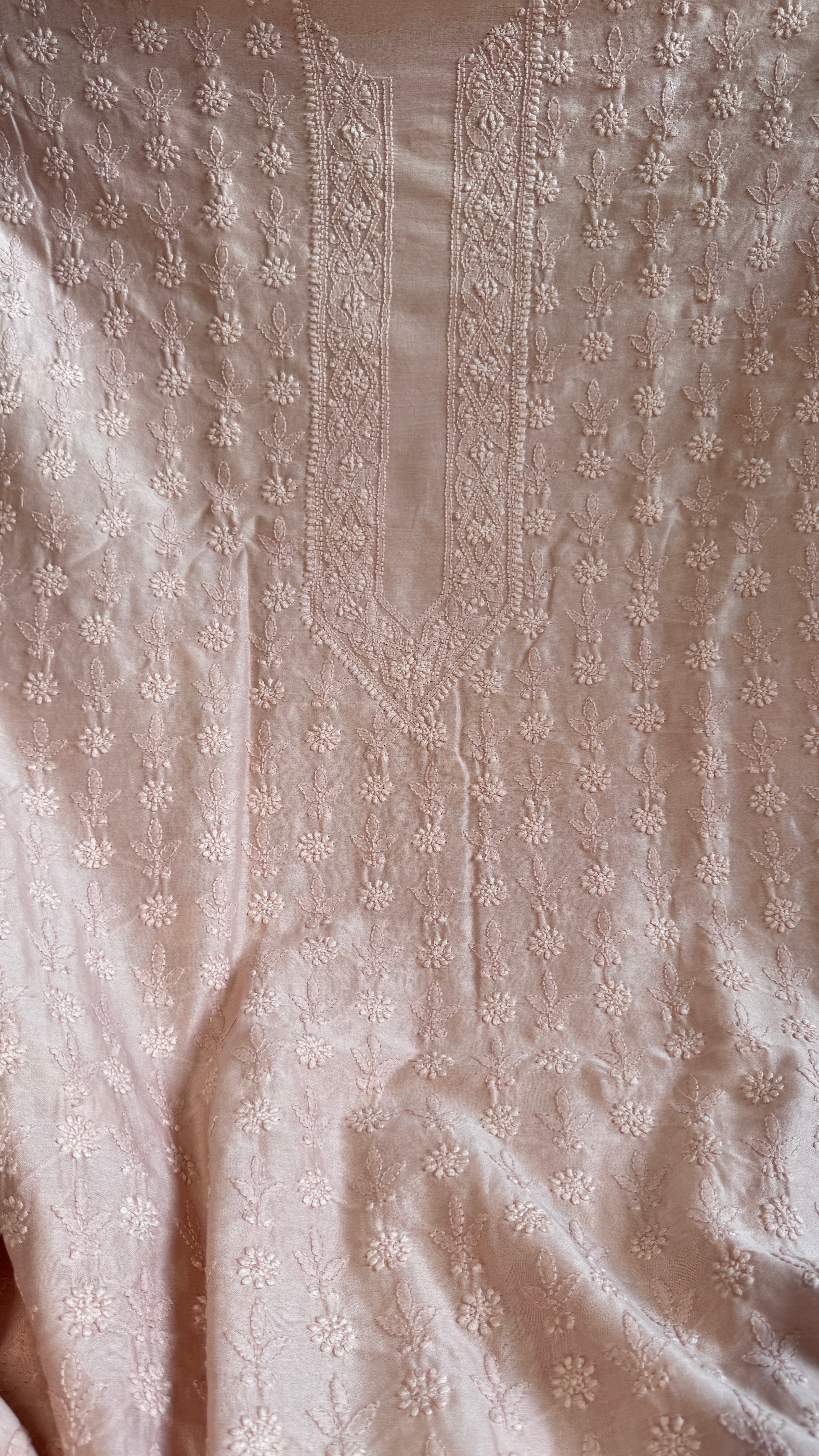 Chanderi Chikankari Kurta Length - Mens- Pale pink