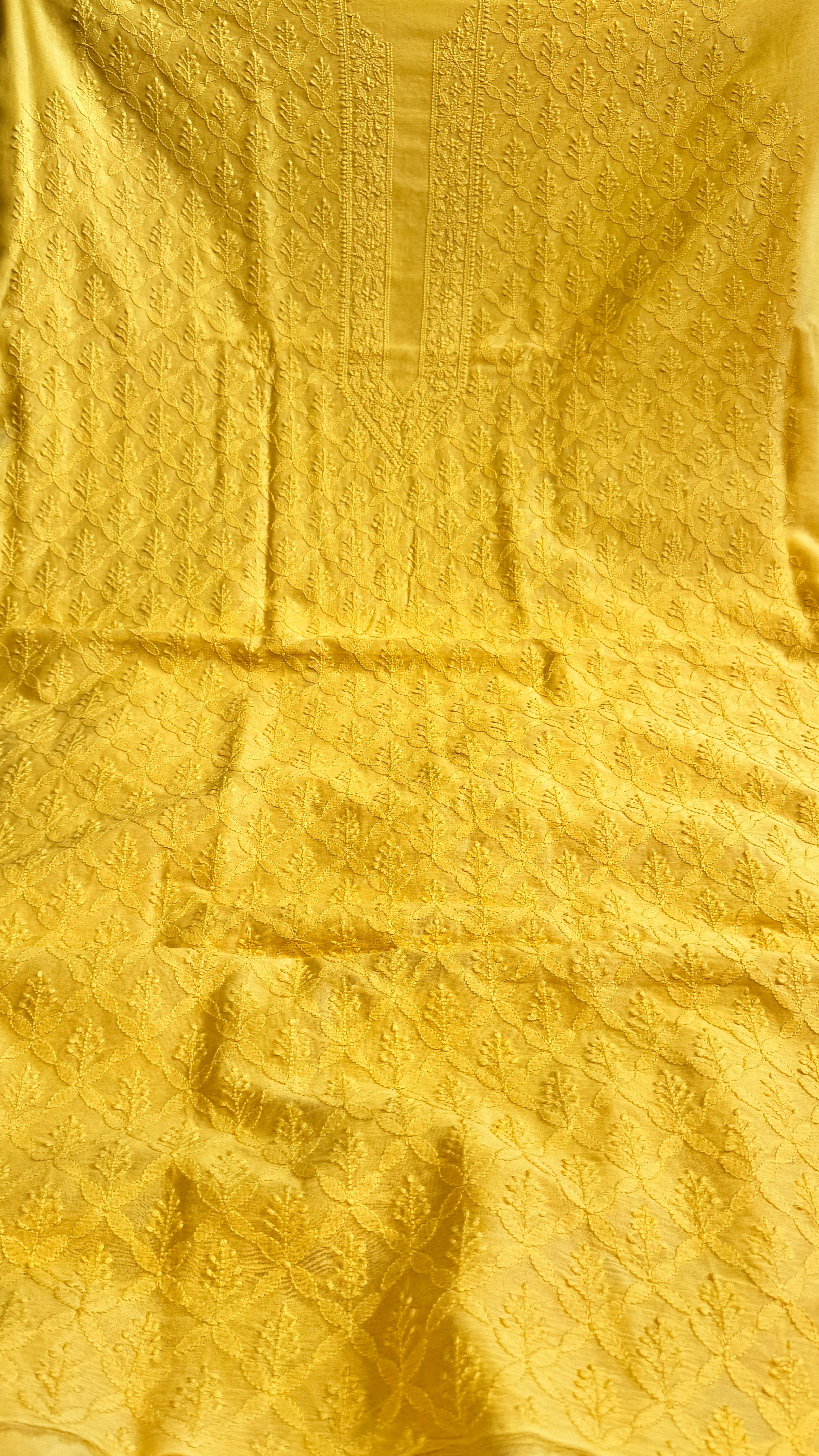 Chanderi Chikankari Kurta Length - Mens- Yellow