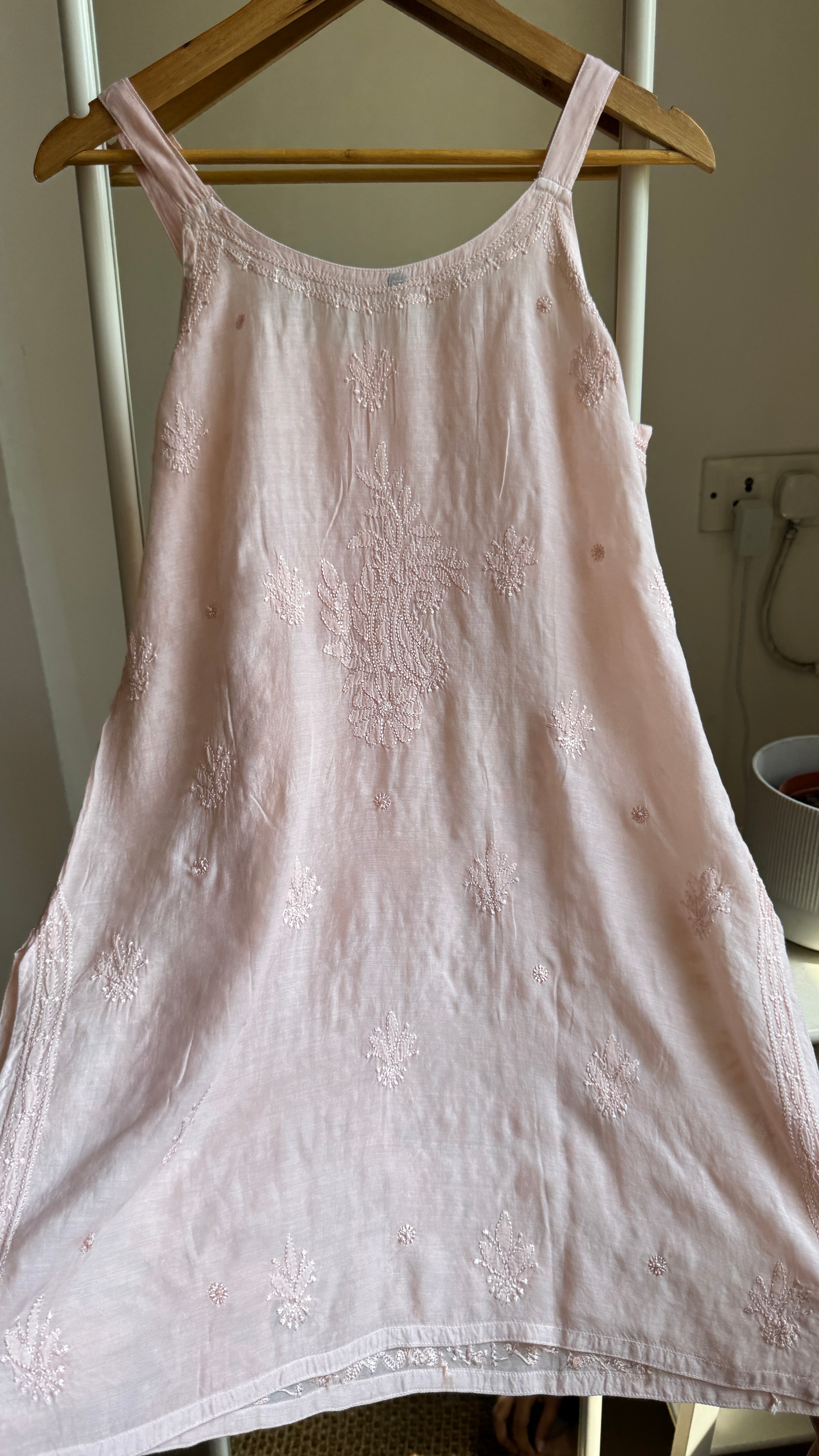 Muslin Chikankari Noodle Strap short Top - Pale Pink