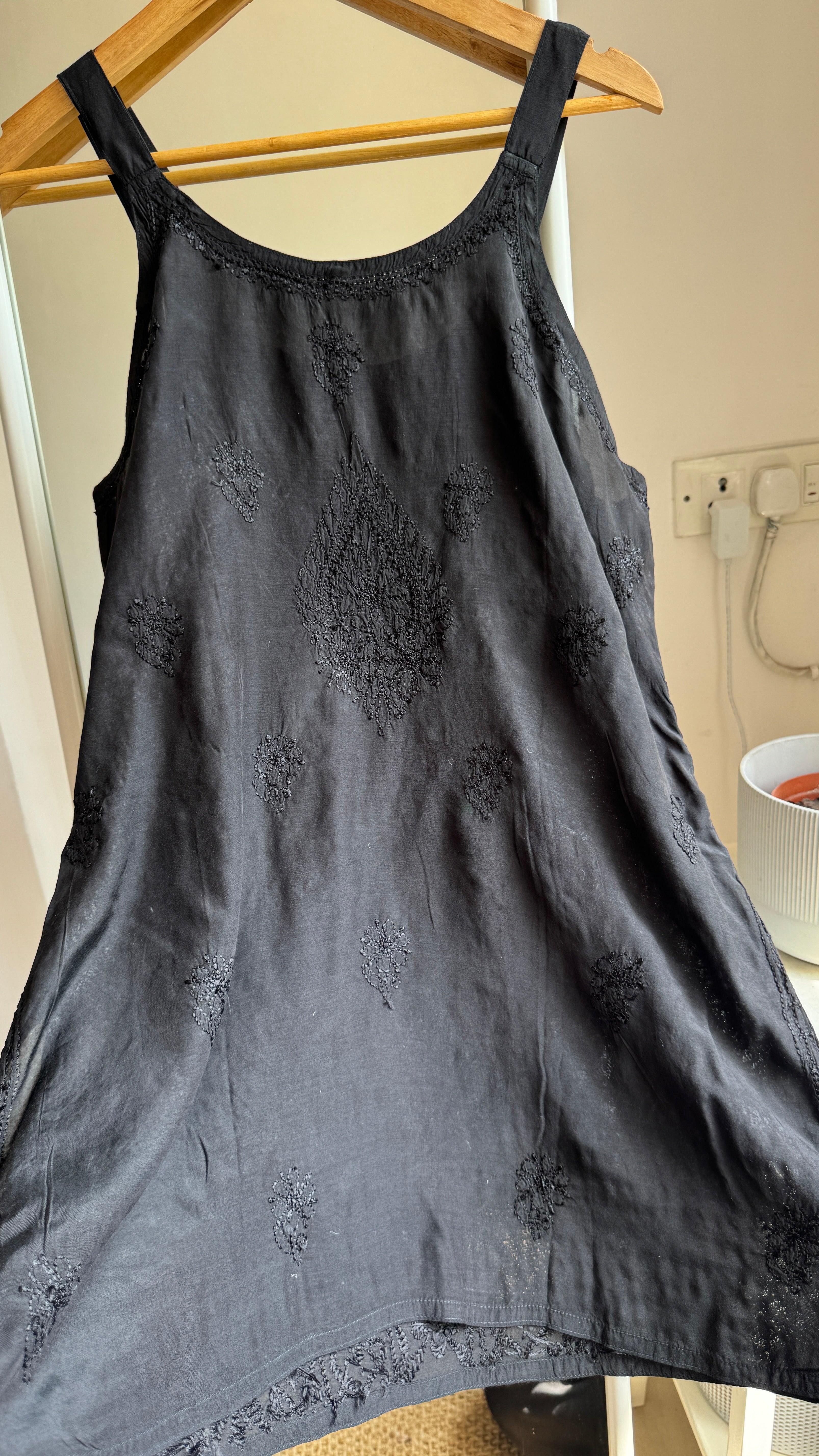 Muslin Chikankari Noodle Strap short Top - Black