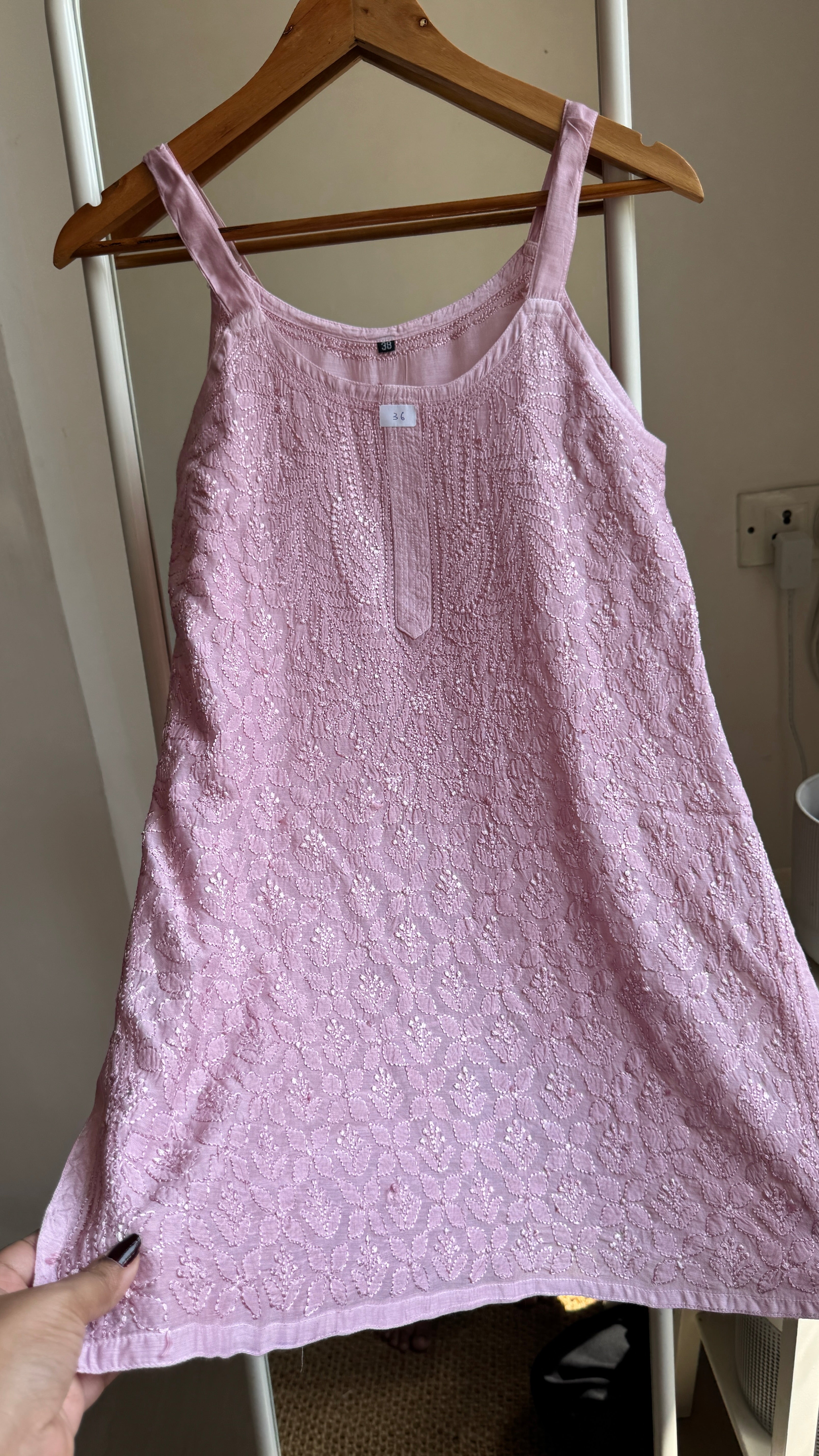Muslin Chikankari Noodle Strap short Top - Onion Pink