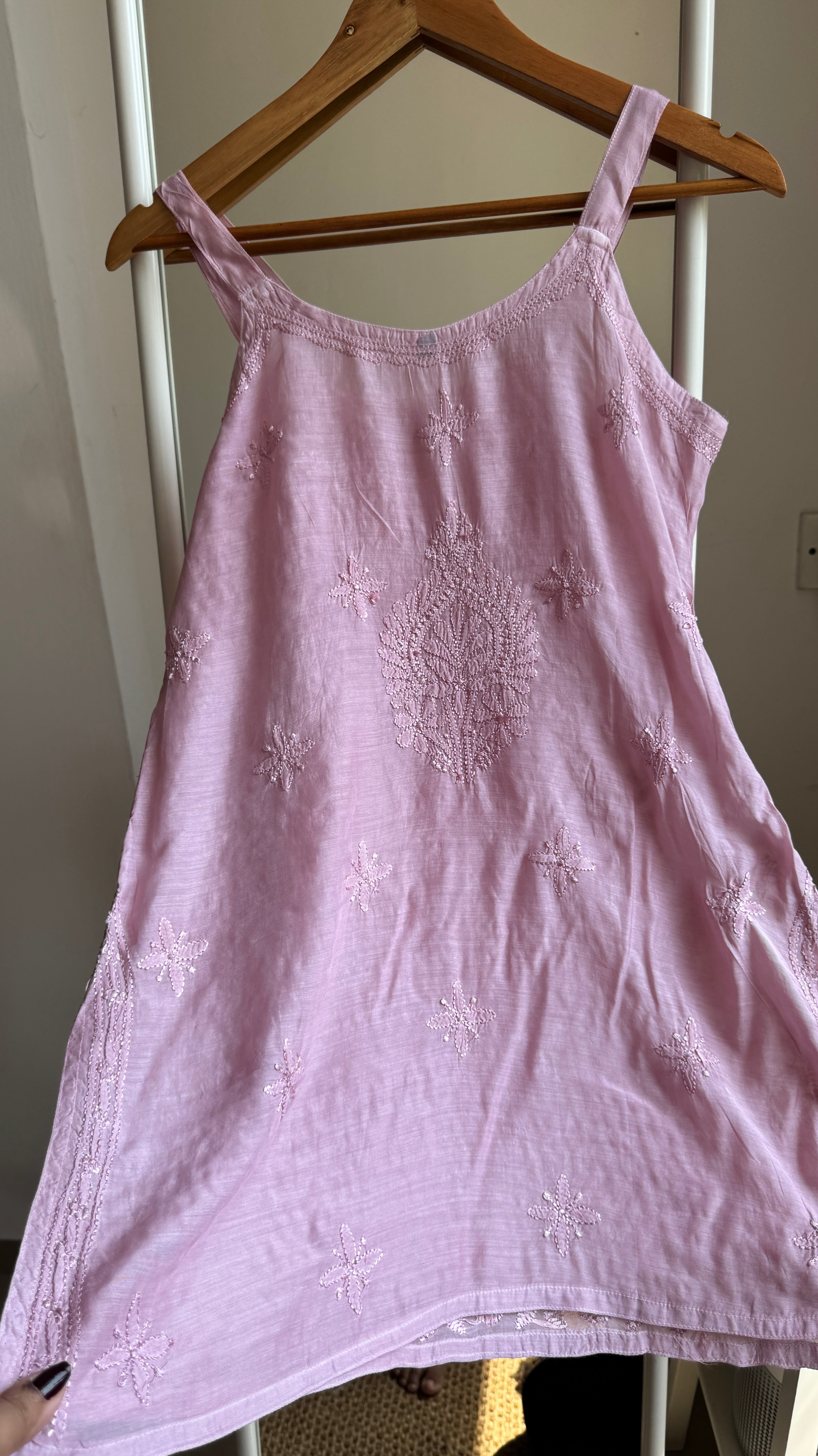 Muslin Chikankari Noodle Strap short Top - Onion Pink