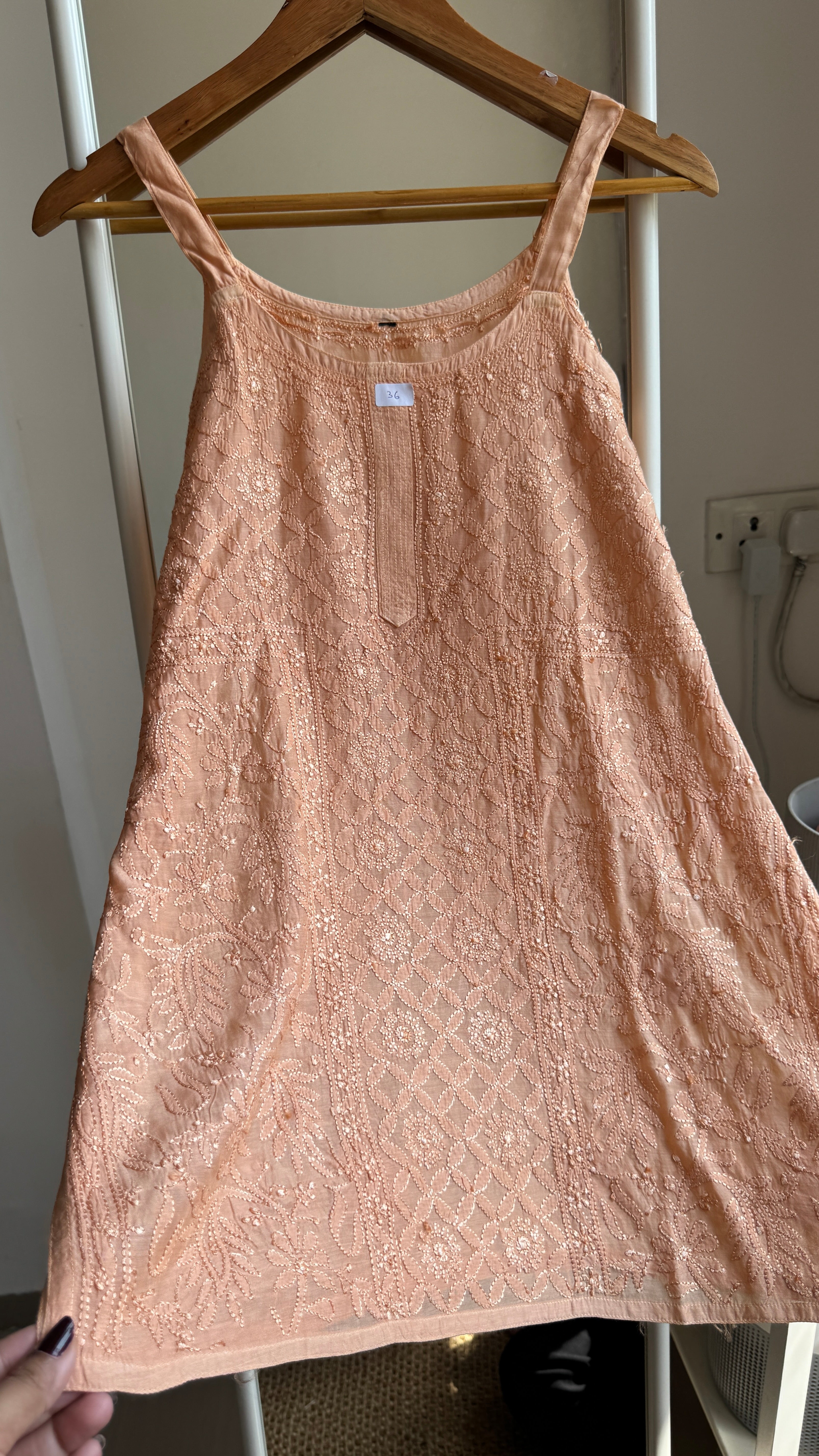 Muslin Chikankari Noodle Strap short Top - Peach