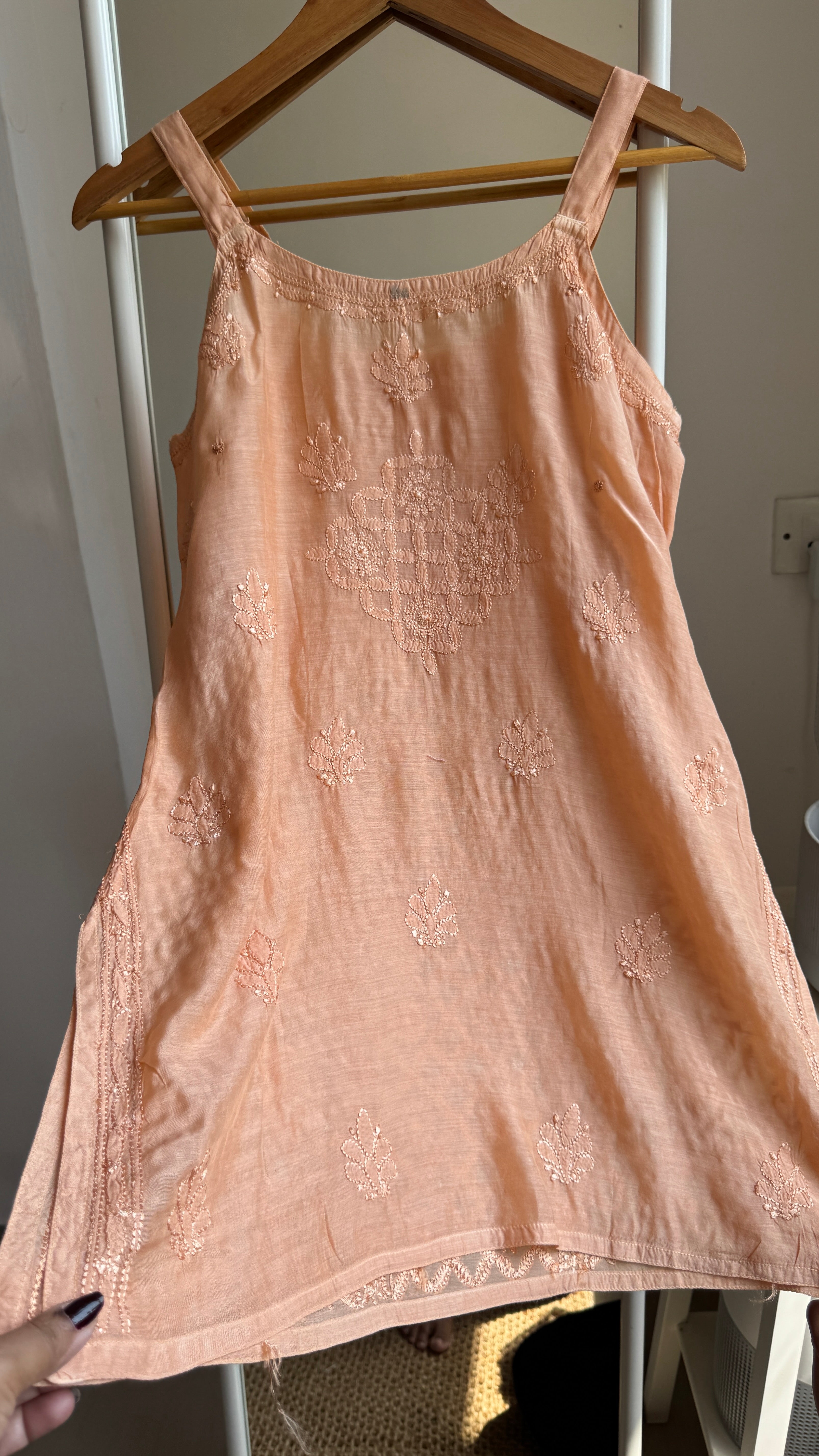 Muslin Chikankari Noodle Strap short Top - Peach