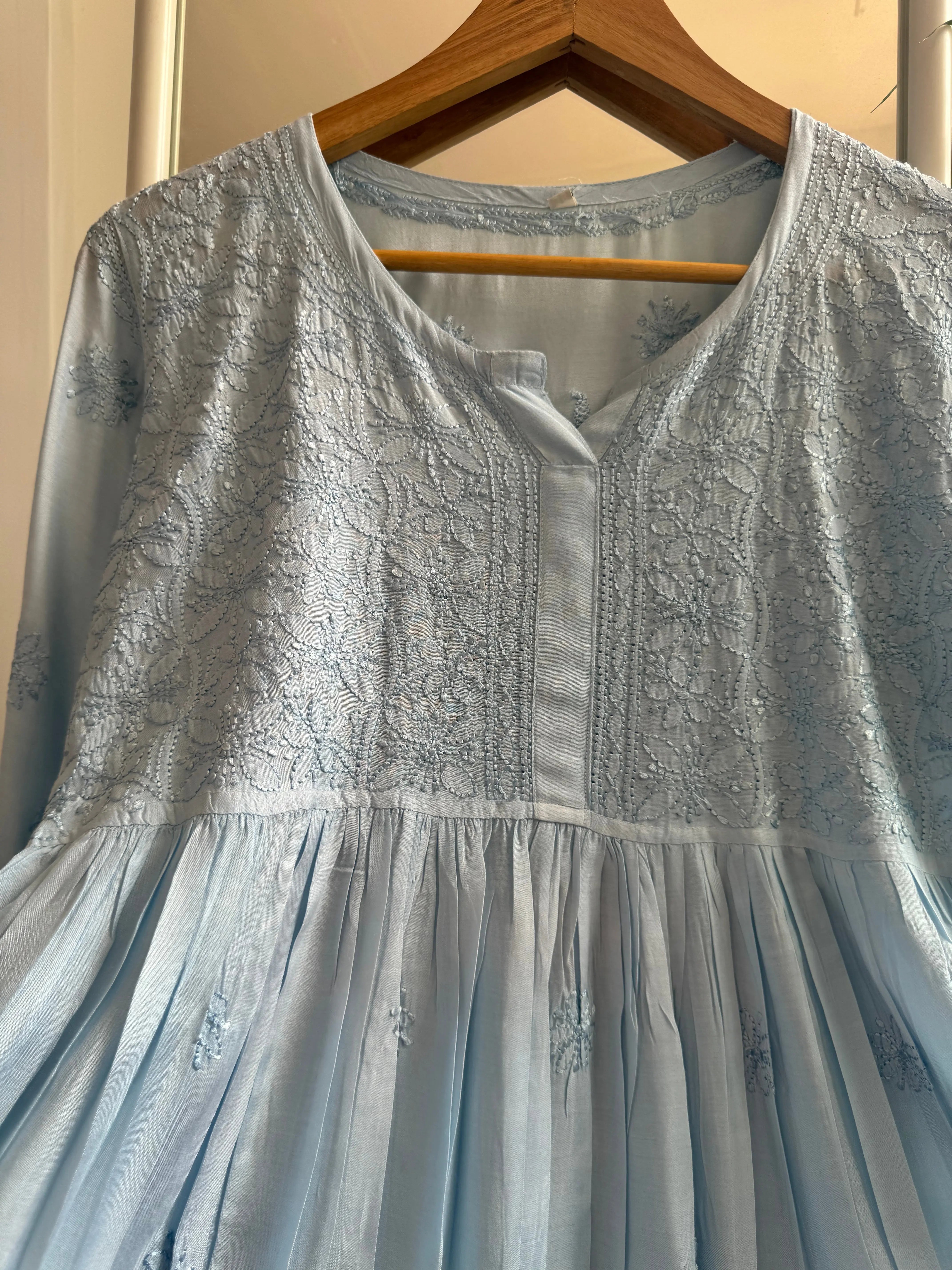 Chikankari Muslin Peplum short Top in Blue - ARIAA CHIKANKARI