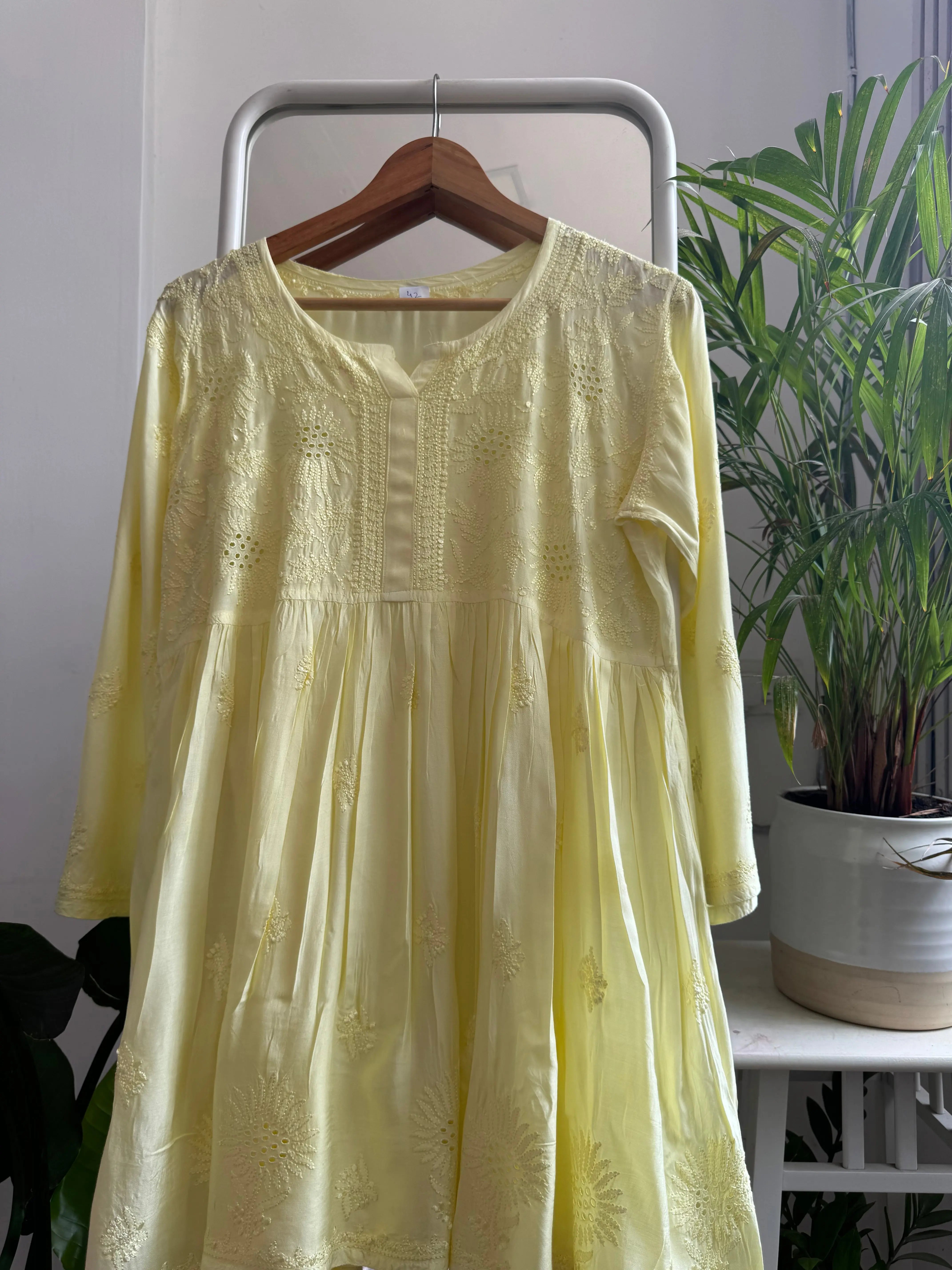 Chikankari Muslin Peplum short Top in Yellow - ARIAA CHIKANKARI