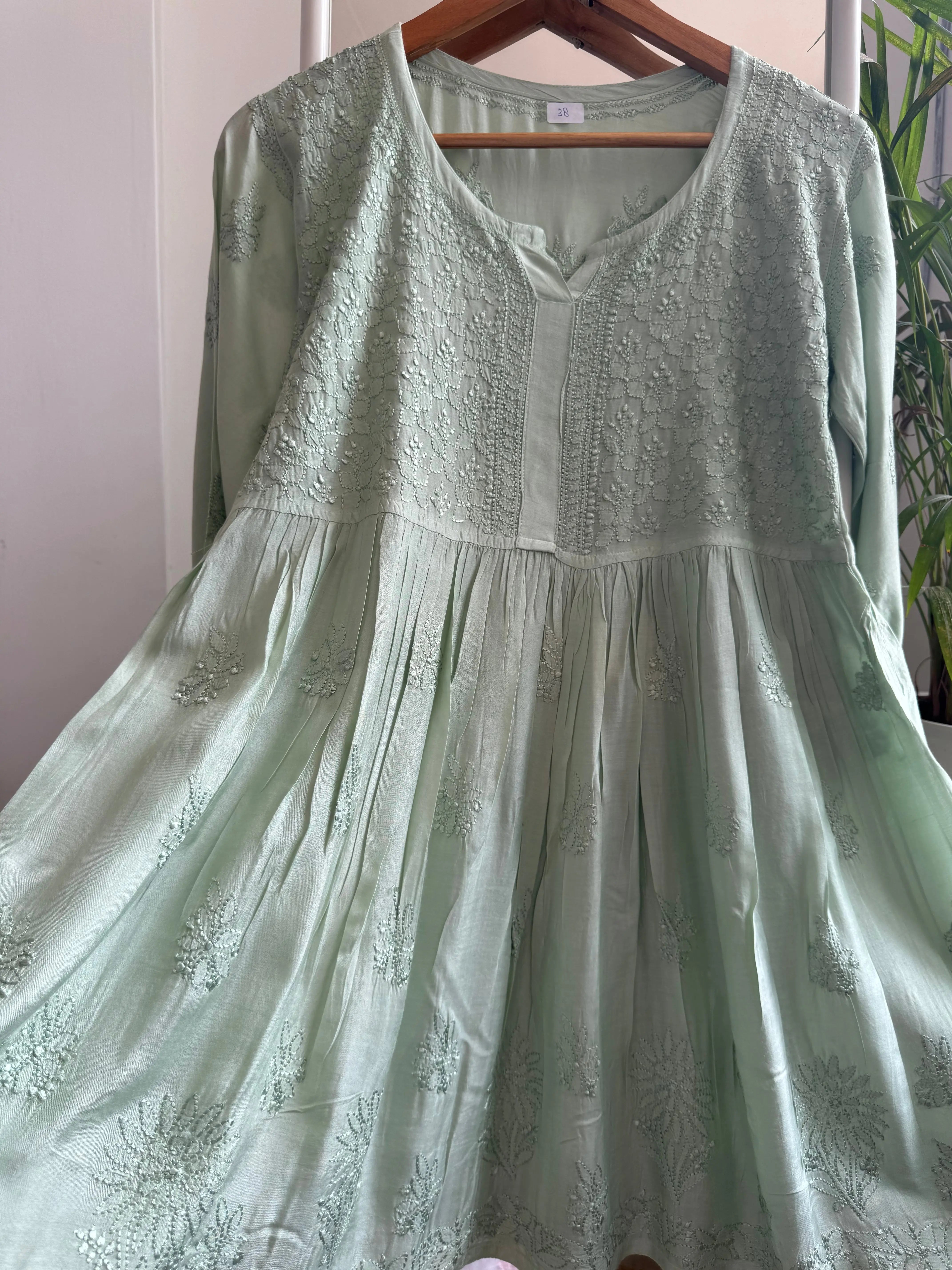 Chikankari Muslin Peplum short Top in Green ARIAA CHIKANKARI 