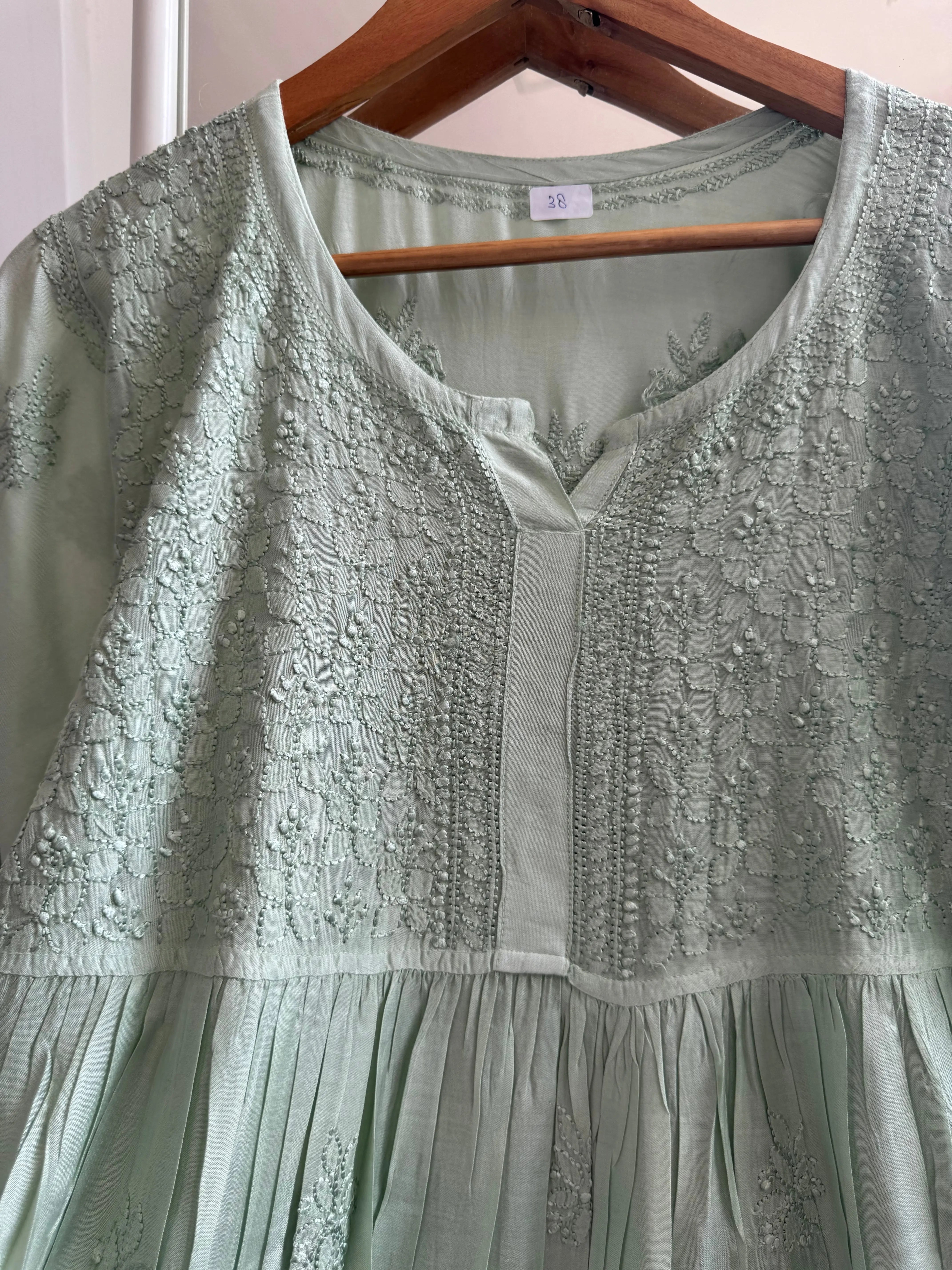 Chikankari Muslin Peplum short Top in Green ARIAA CHIKANKARI 