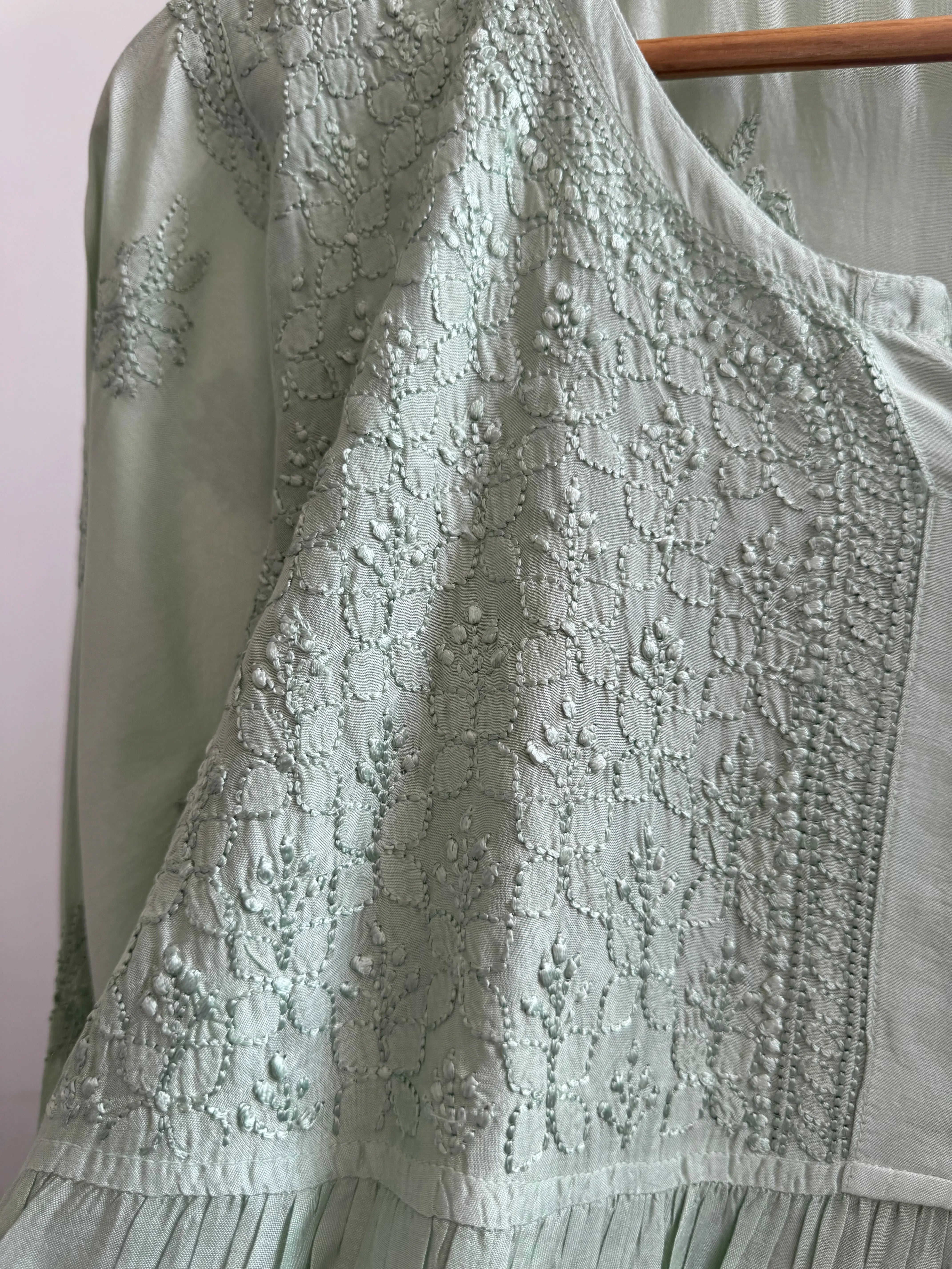 Chikankari Muslin Peplum short Top in Green ARIAA CHIKANKARI 