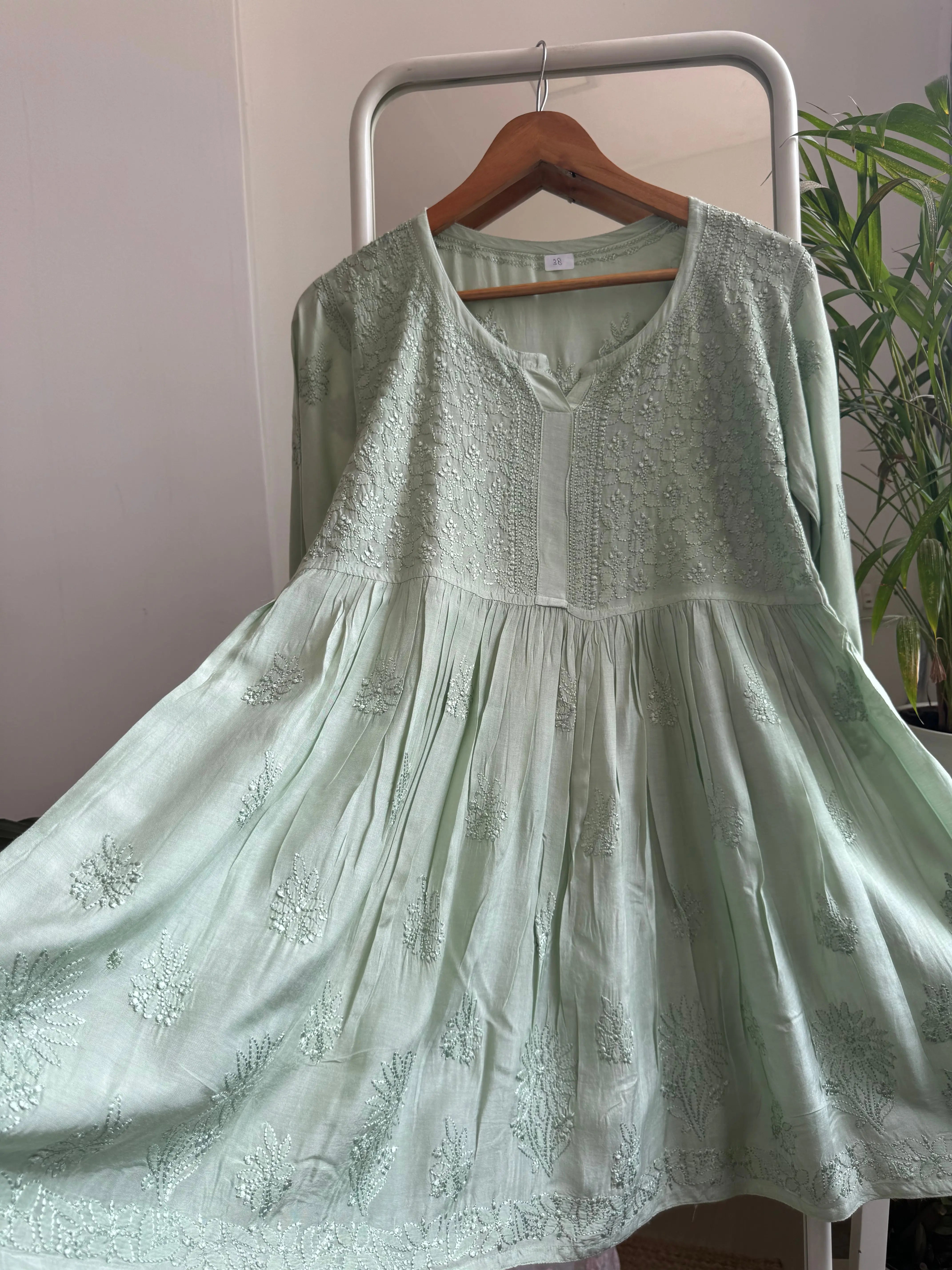 Chikankari Muslin Peplum short Top in Green ARIAA CHIKANKARI 