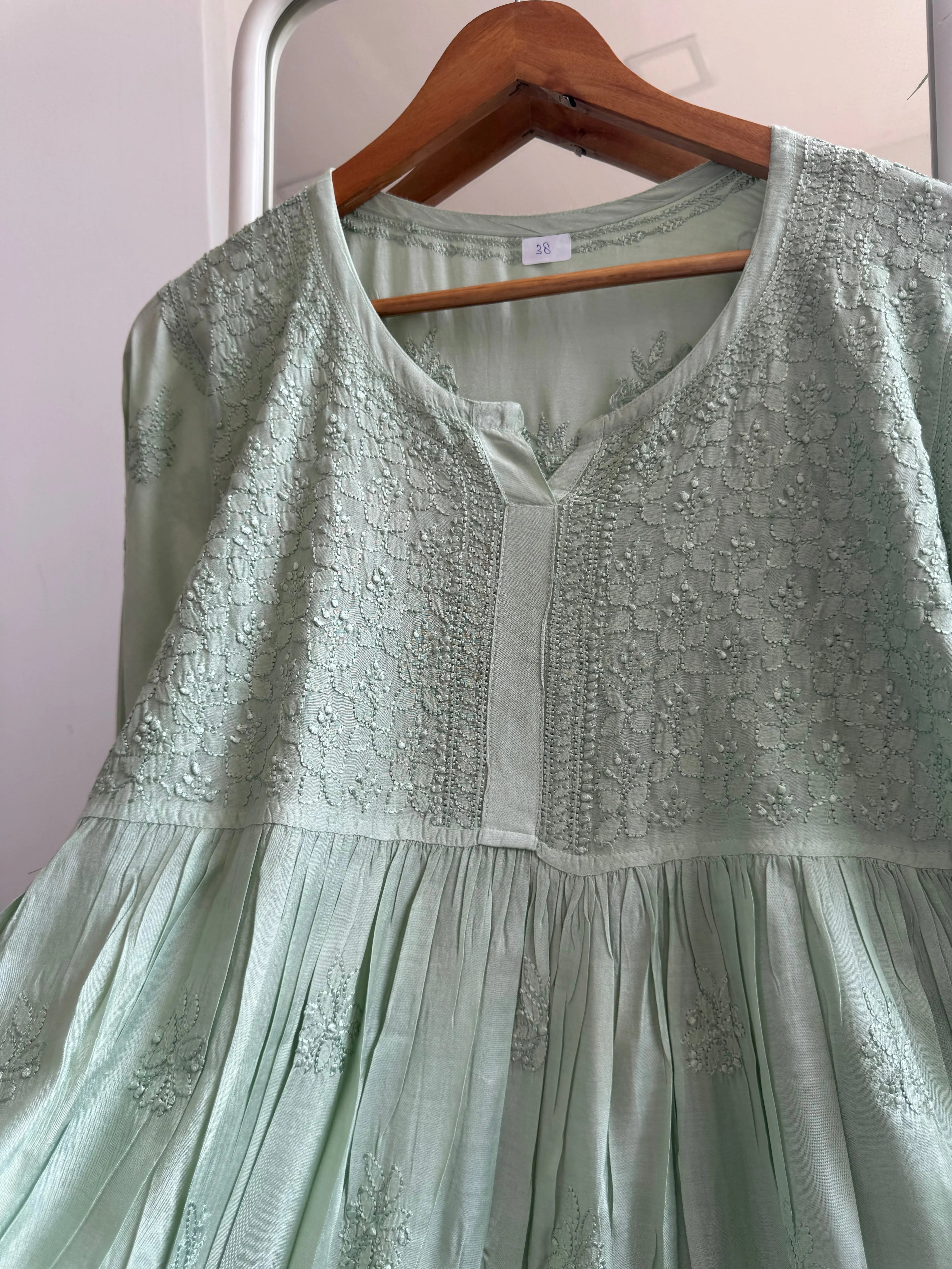 Chikankari Muslin Peplum short Top in Green ARIAA CHIKANKARI 