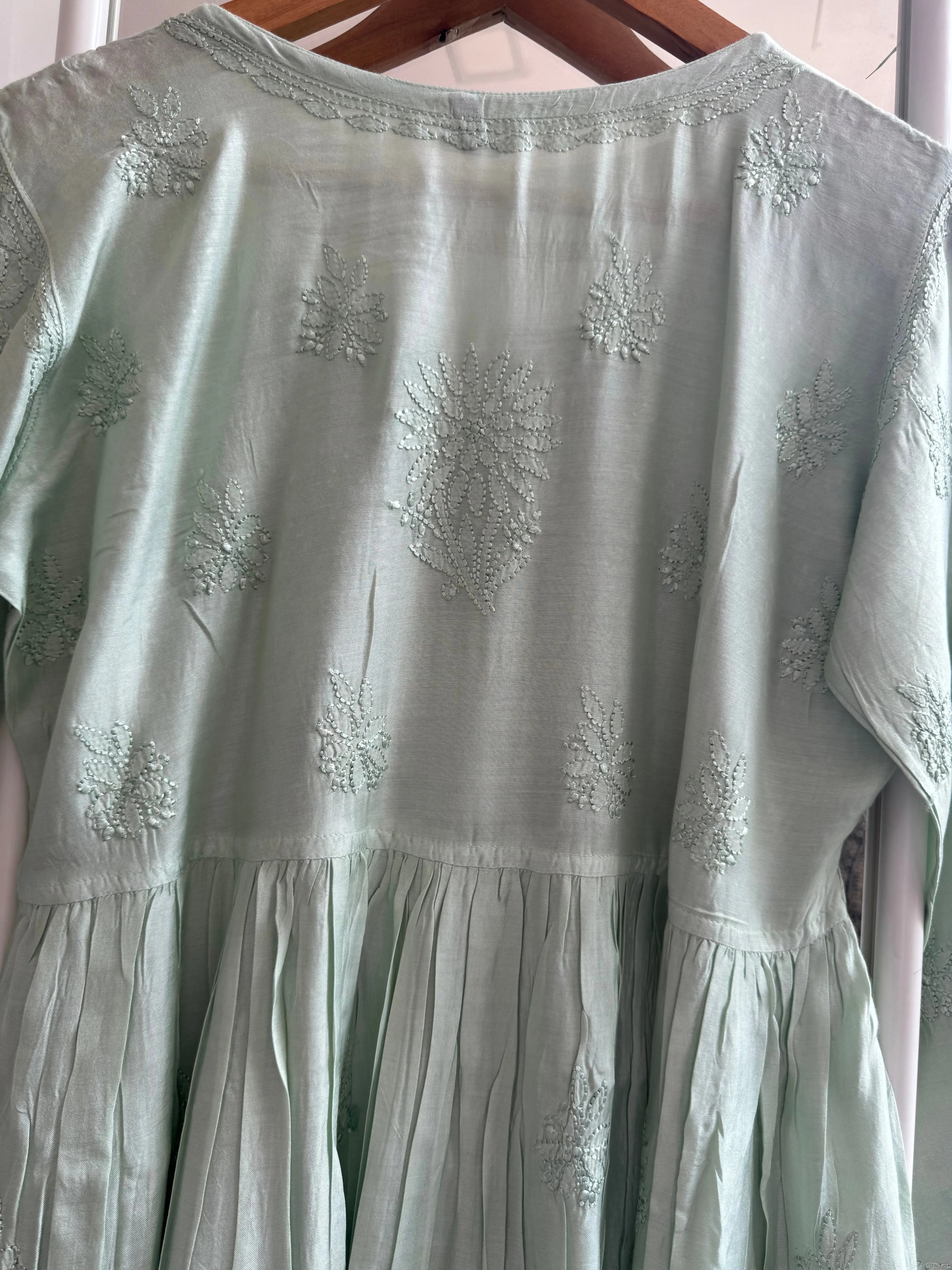 Chikankari Muslin Peplum short Top in Green ARIAA CHIKANKARI 