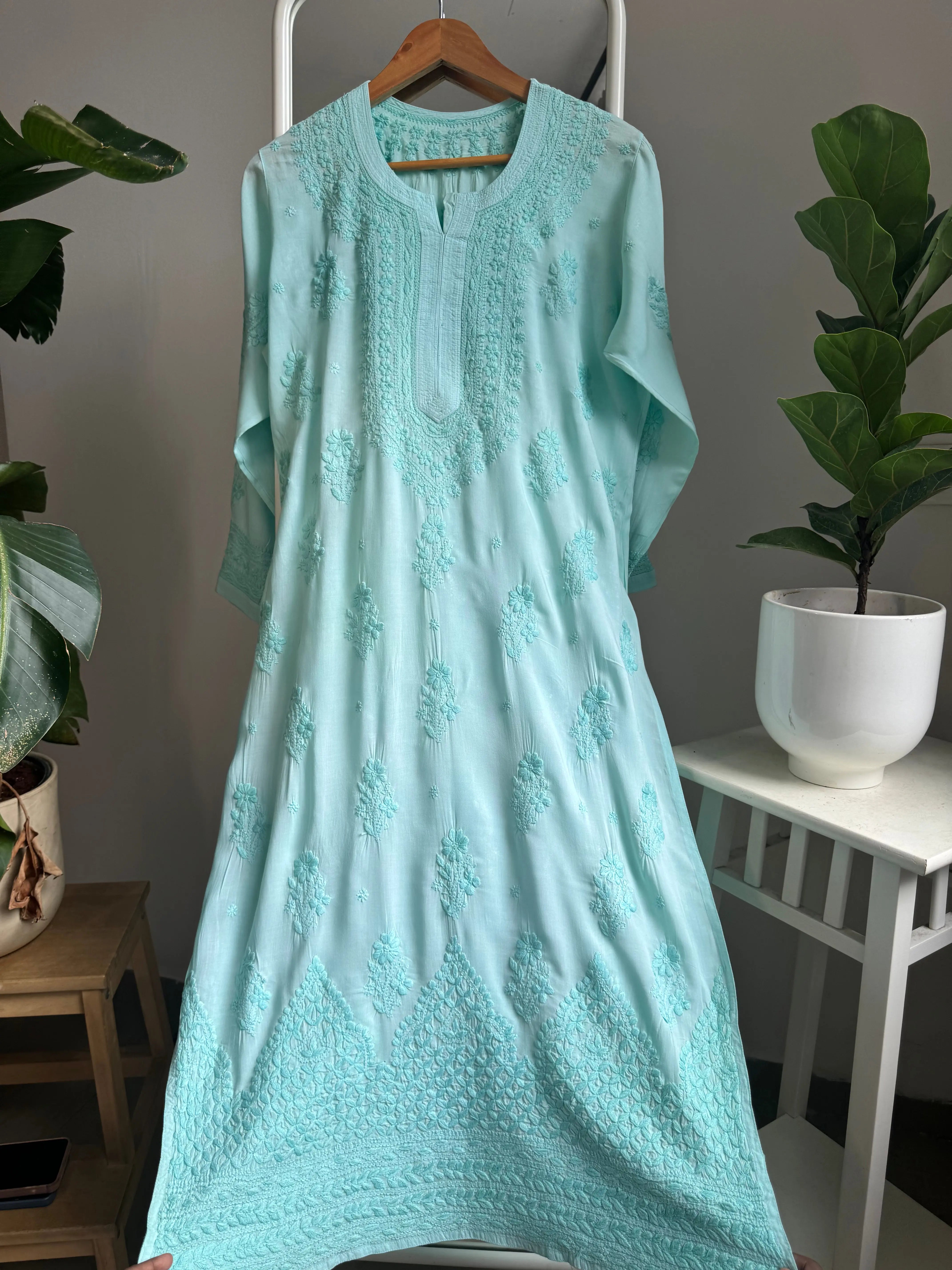 Premium Modal Chikankari Cotton Kurti - Cyan Green ARIAA CHIKANKARI 