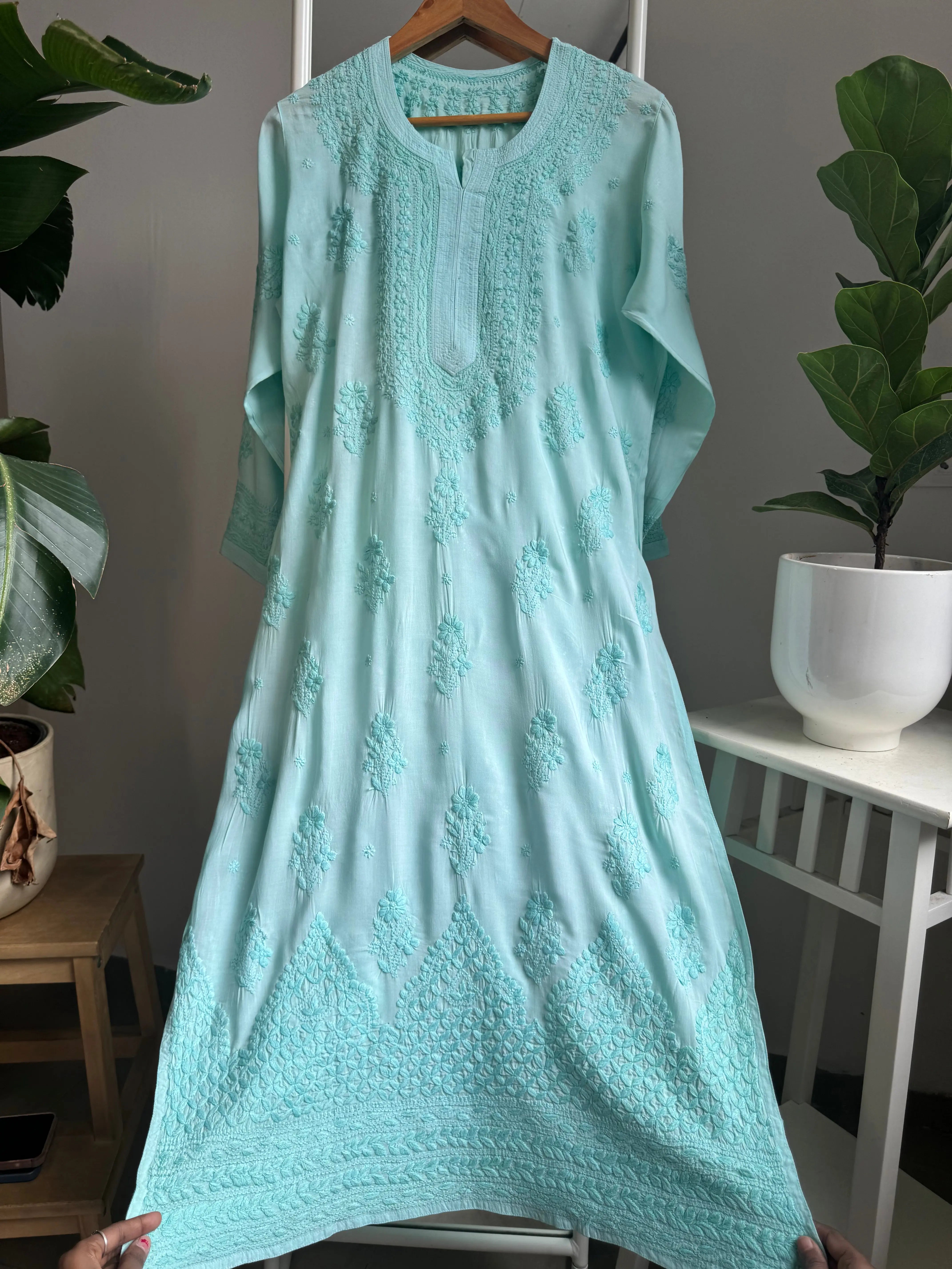 Premium Modal Chikankari Cotton Kurti - Cyan Green ARIAA CHIKANKARI 