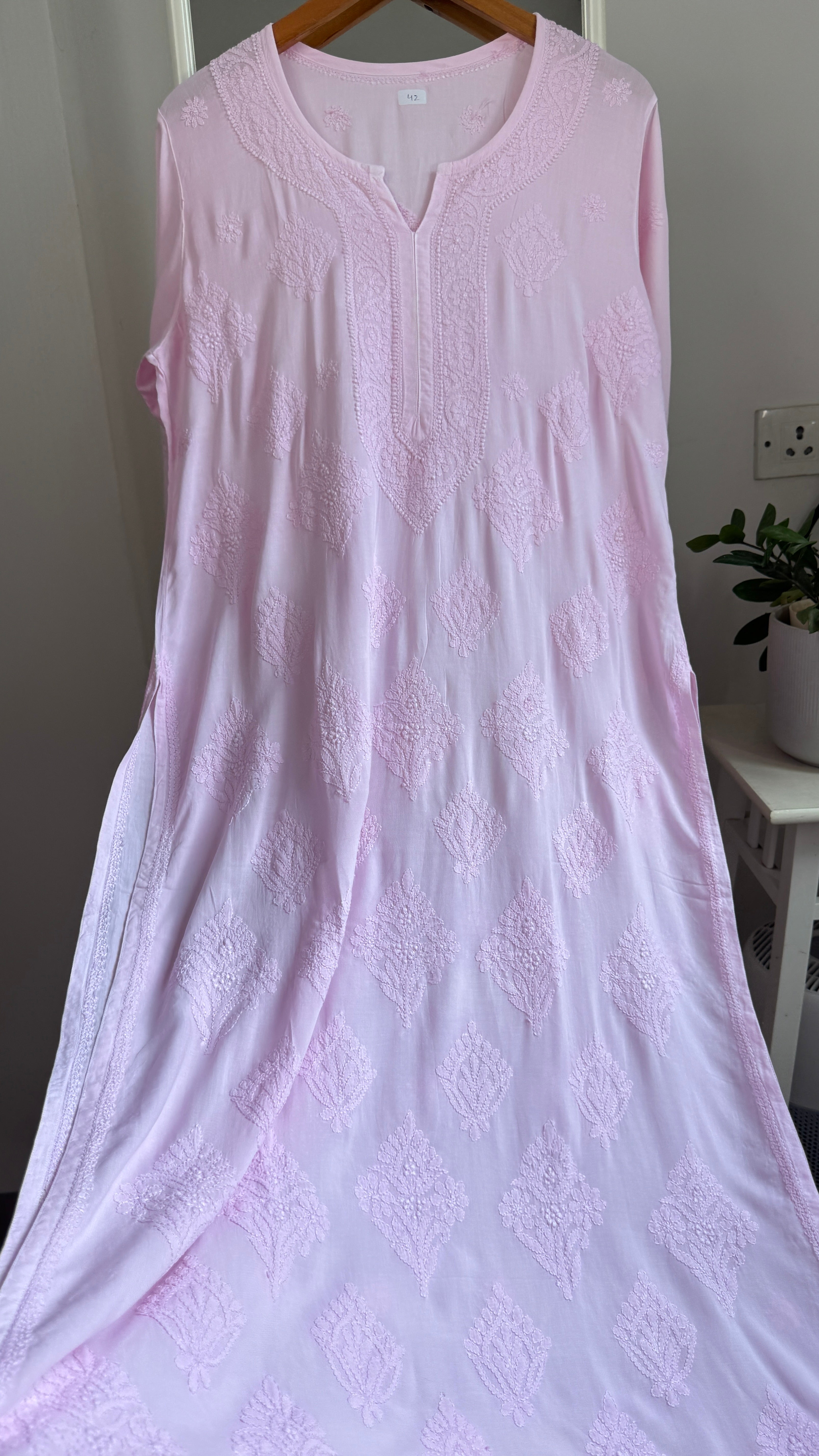 Premium Modal Chikankari Cotton Kurti -Pink - Noor Collection