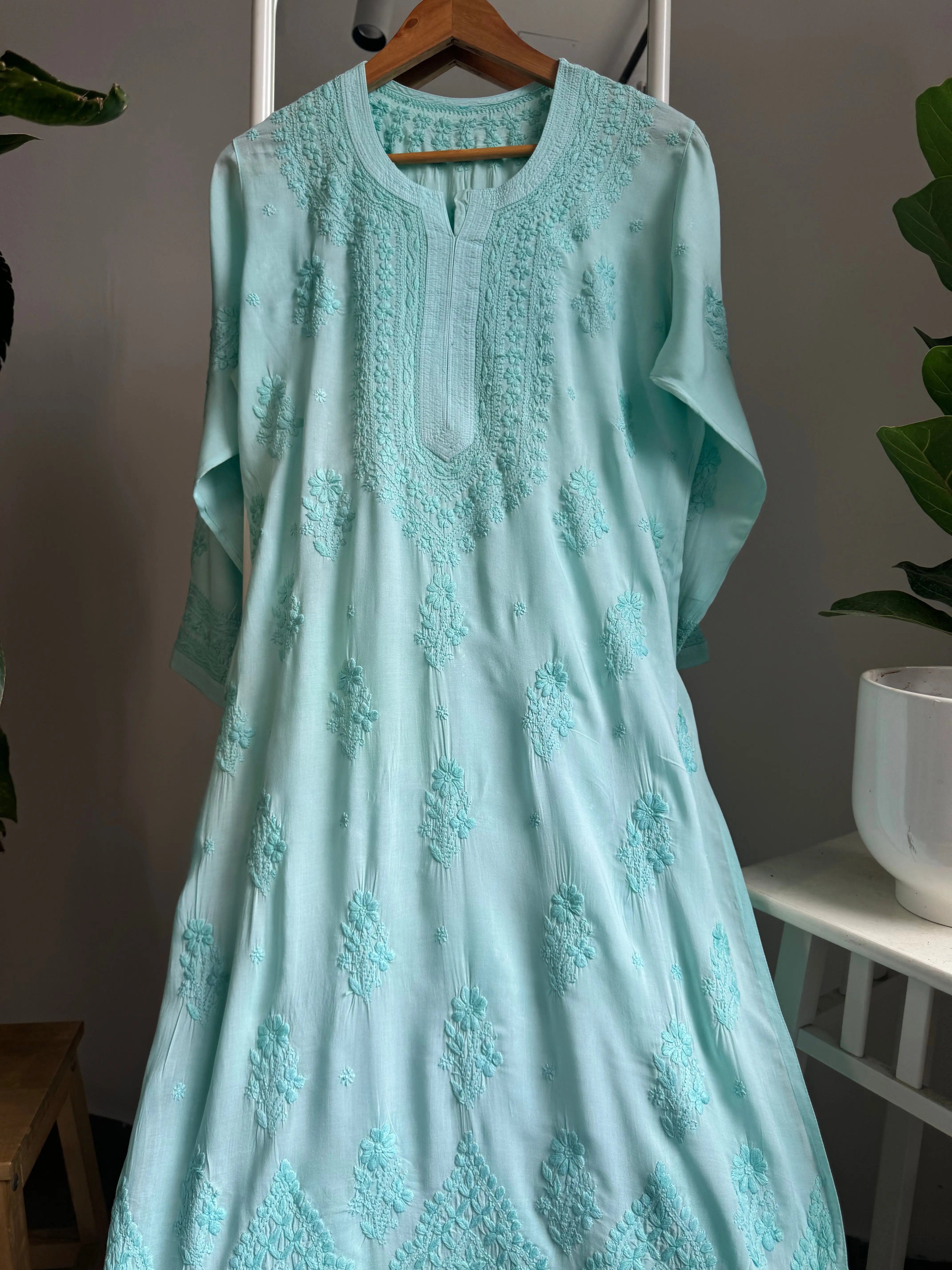 Premium Modal Chikankari Cotton Kurti - Cyan Green ARIAA CHIKANKARI 