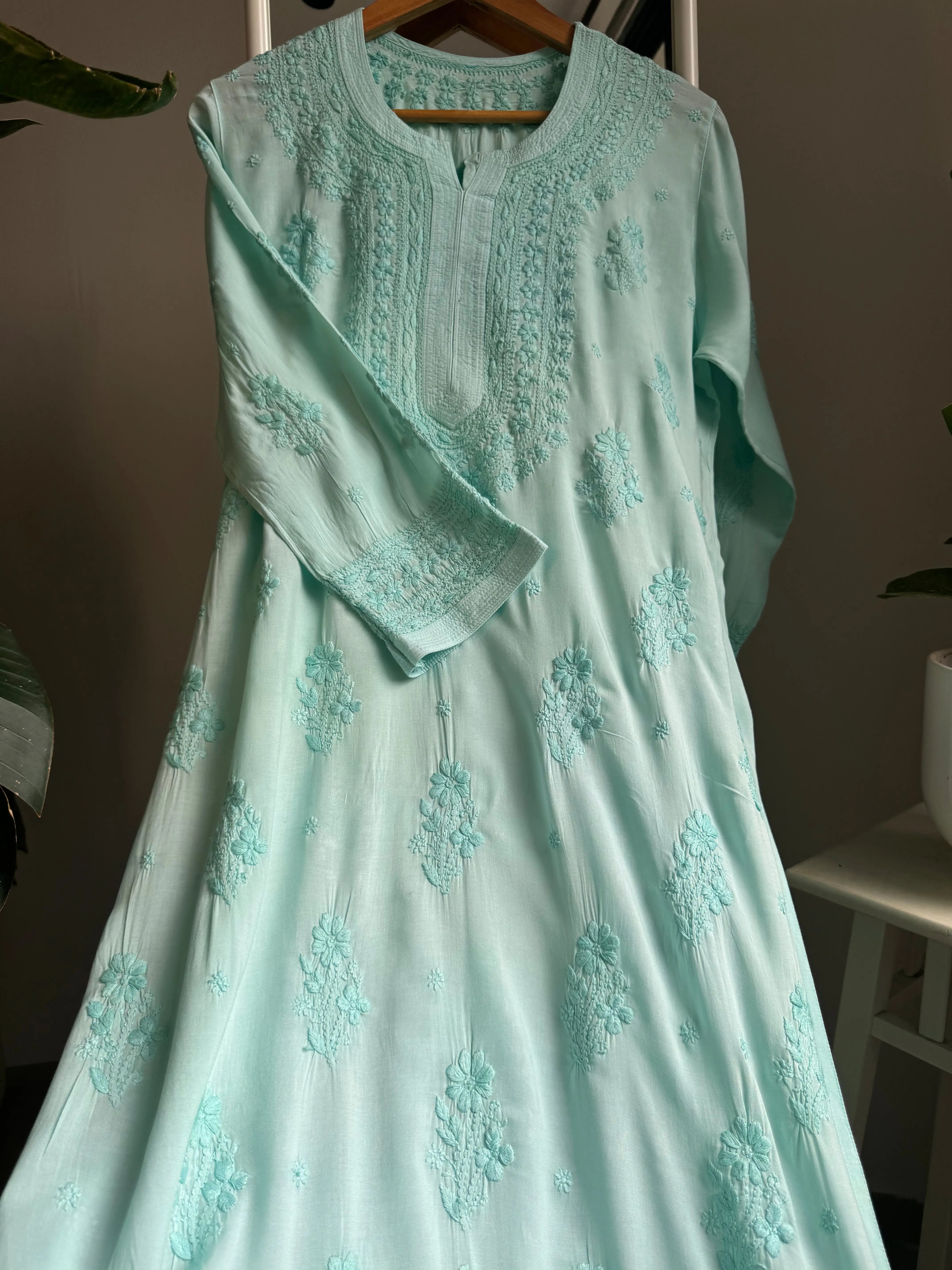 Premium Modal Chikankari Cotton Kurti - Cyan Green ARIAA CHIKANKARI 