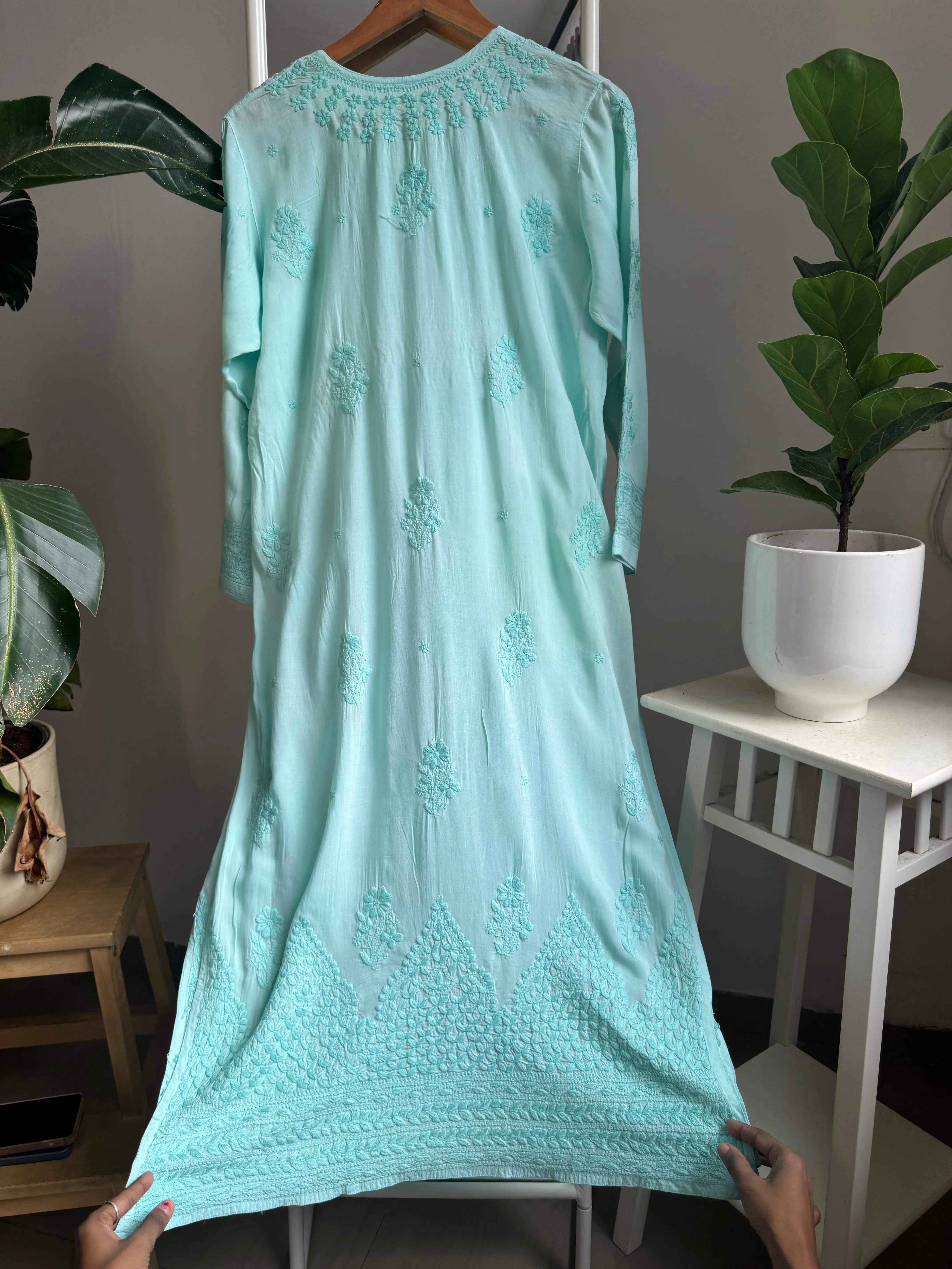 Premium Modal Chikankari Cotton Kurti - Cyan Green ARIAA CHIKANKARI 