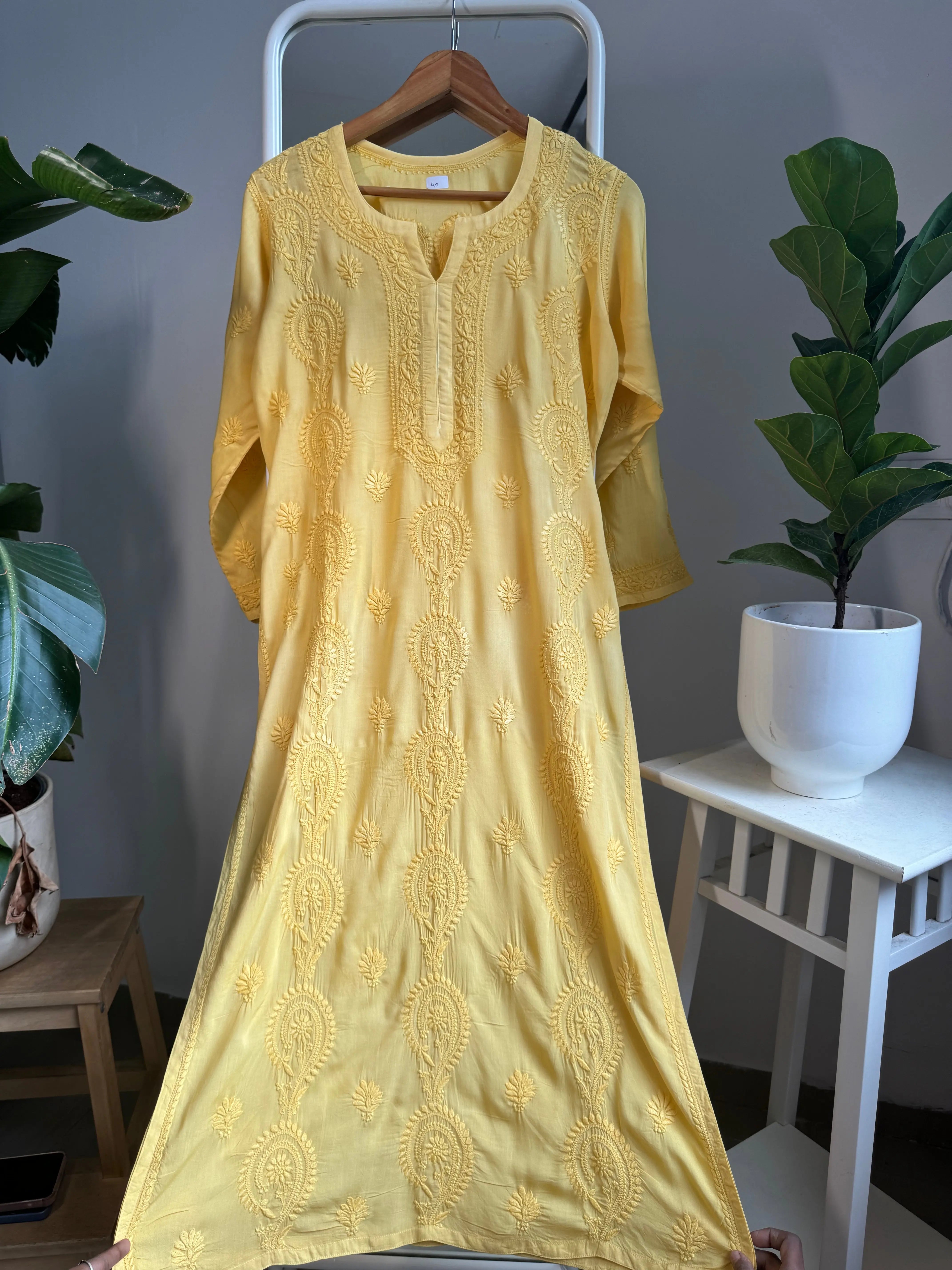 Premium Modal Chikankari Cotton Kurti - Yellow ARIAA CHIKANKARI 