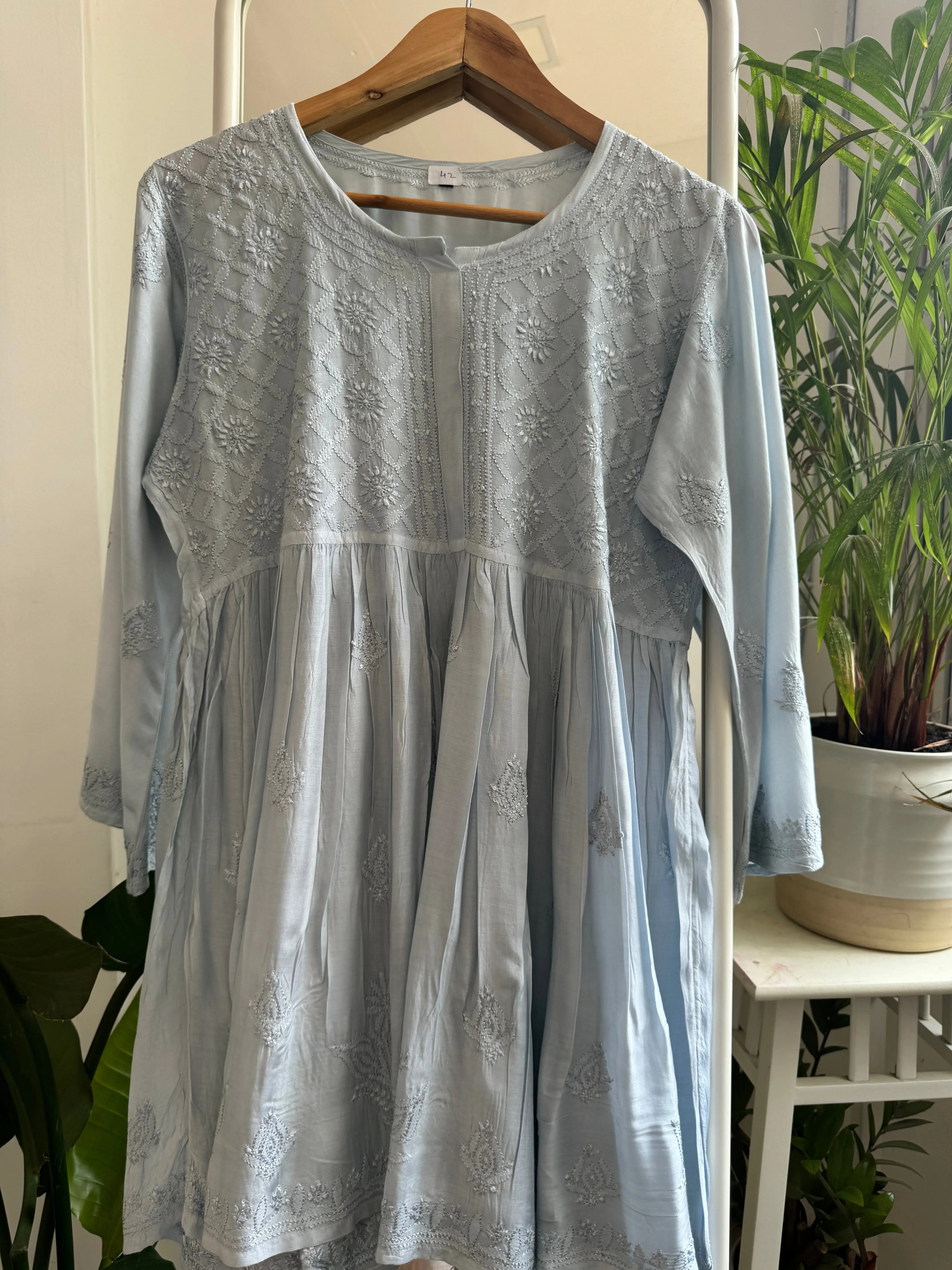 Chikankari Muslin Peplum short Top in Grey ARIAA CHIKANKARI 