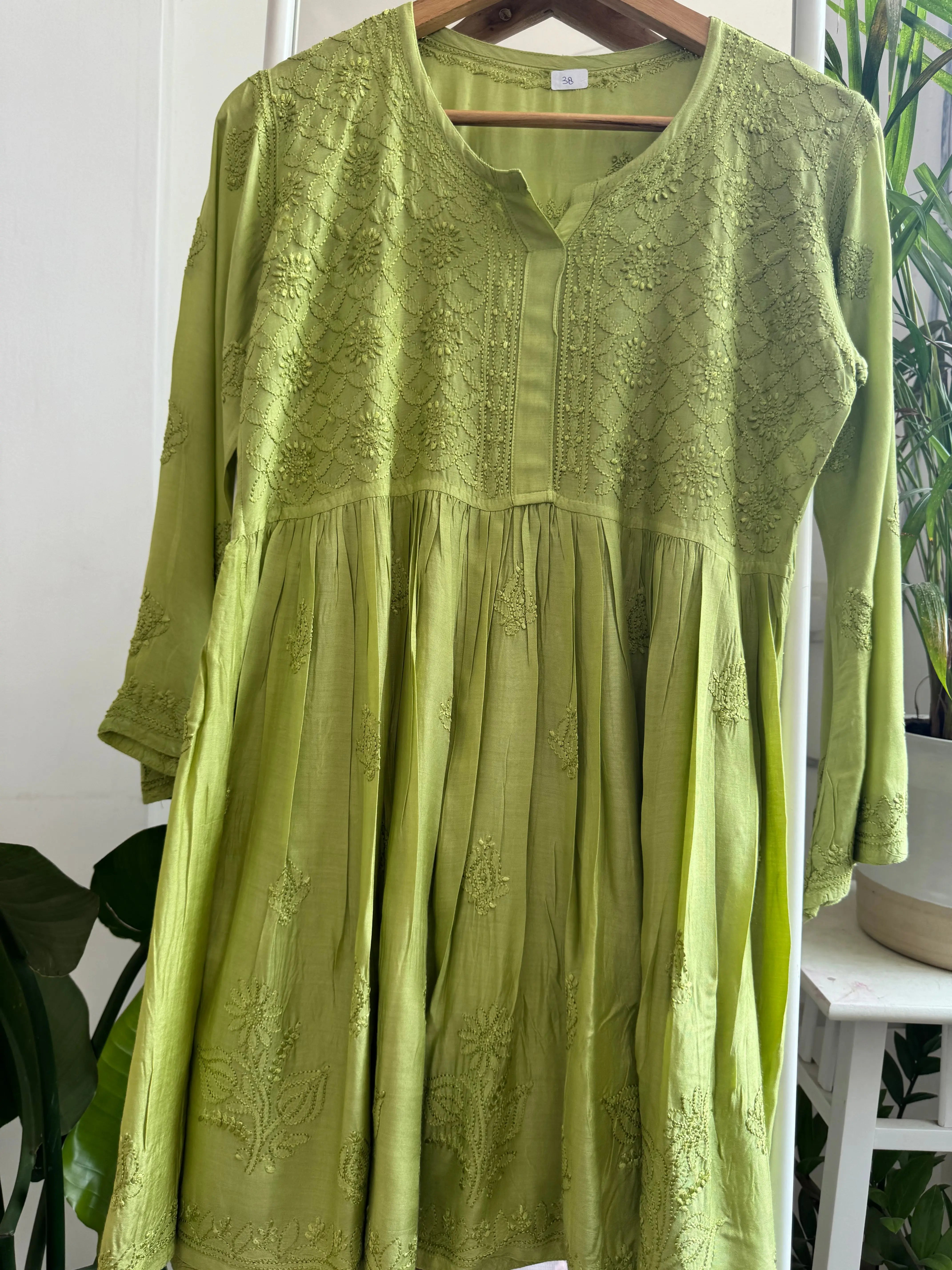 Chikankari Muslin Peplum short Top in Green ARIAA CHIKANKARI 