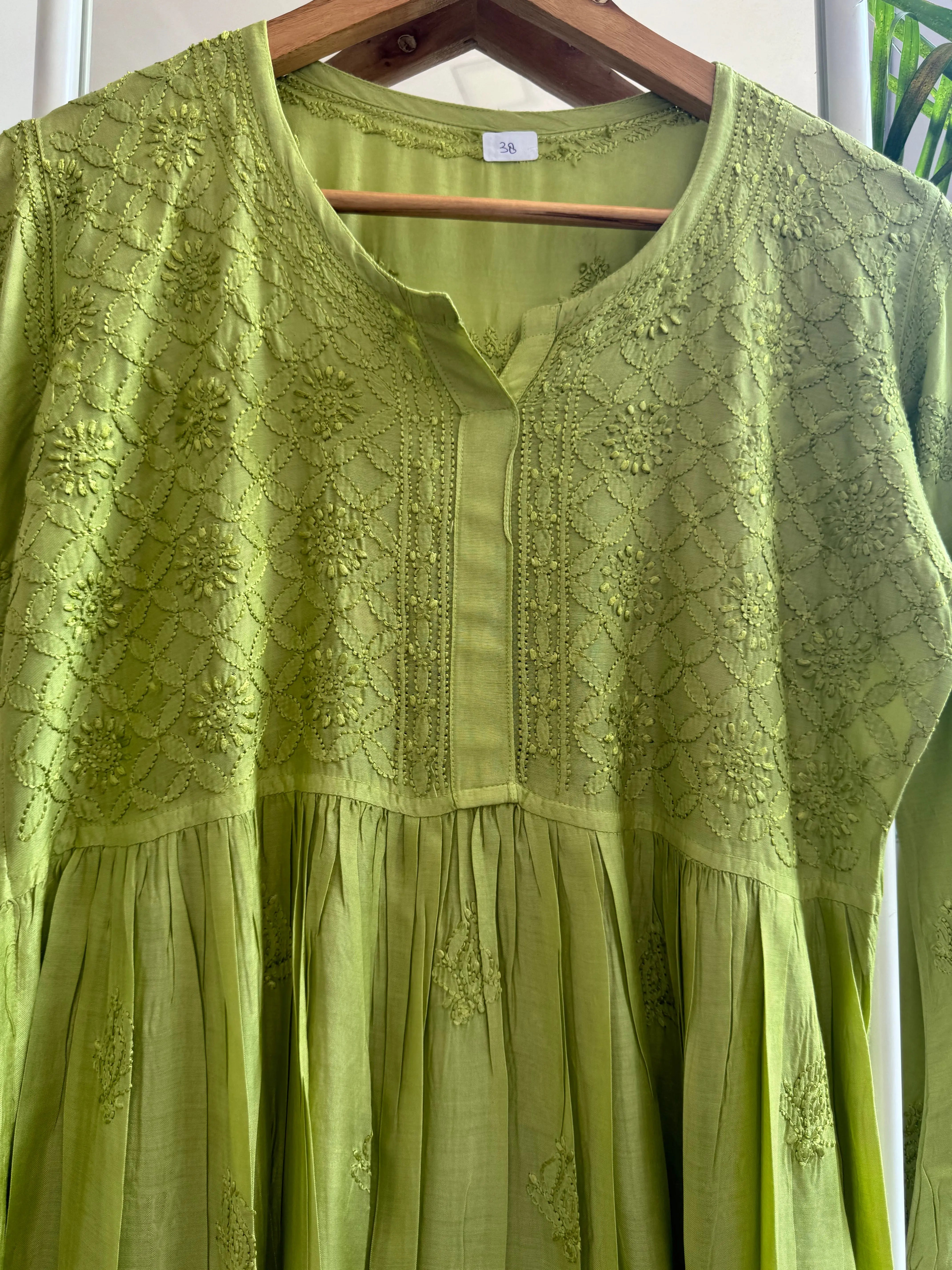 Chikankari Muslin Peplum short Top in Green ARIAA CHIKANKARI 