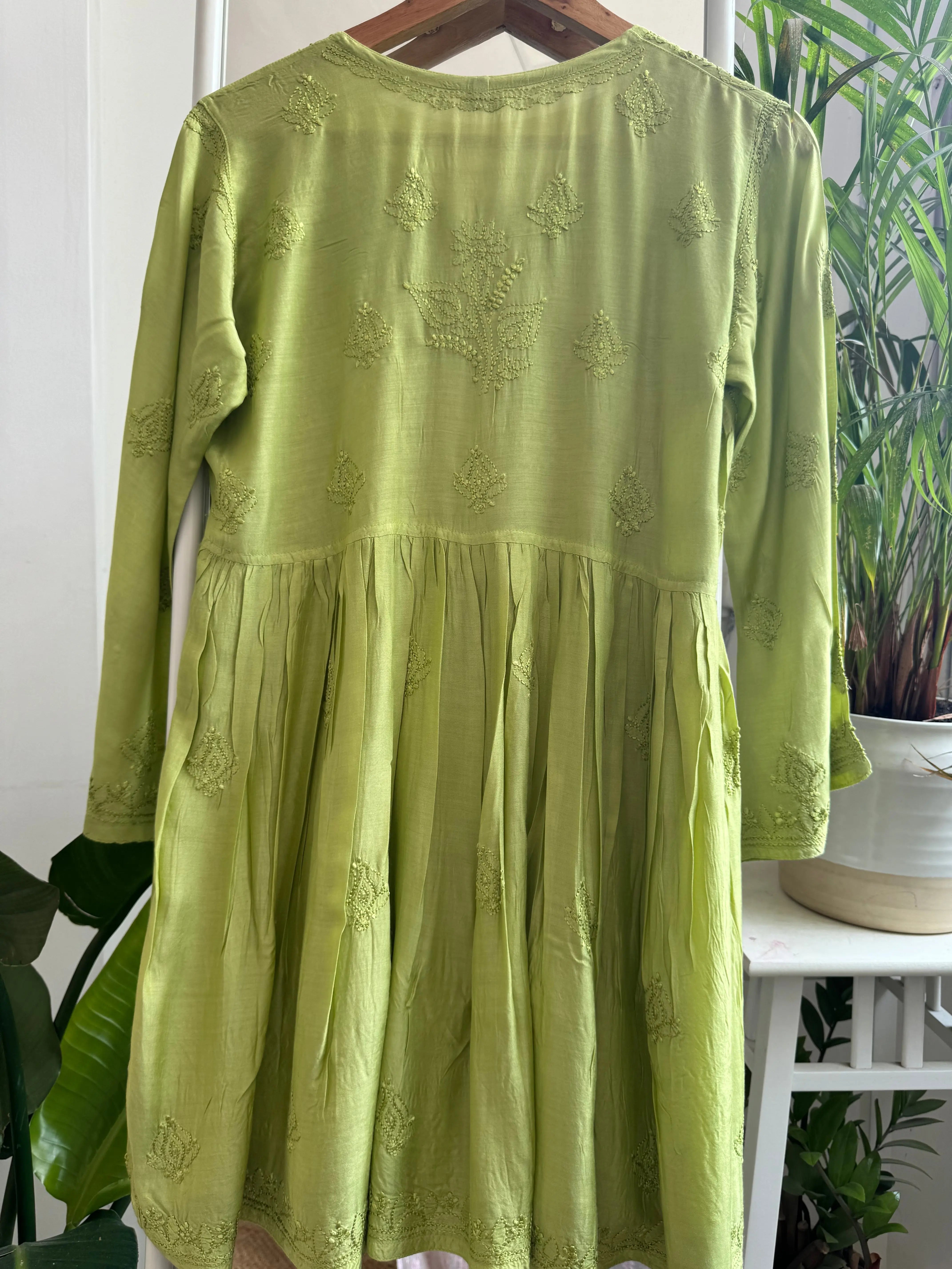 Chikankari Muslin Peplum short Top in Green ARIAA CHIKANKARI 