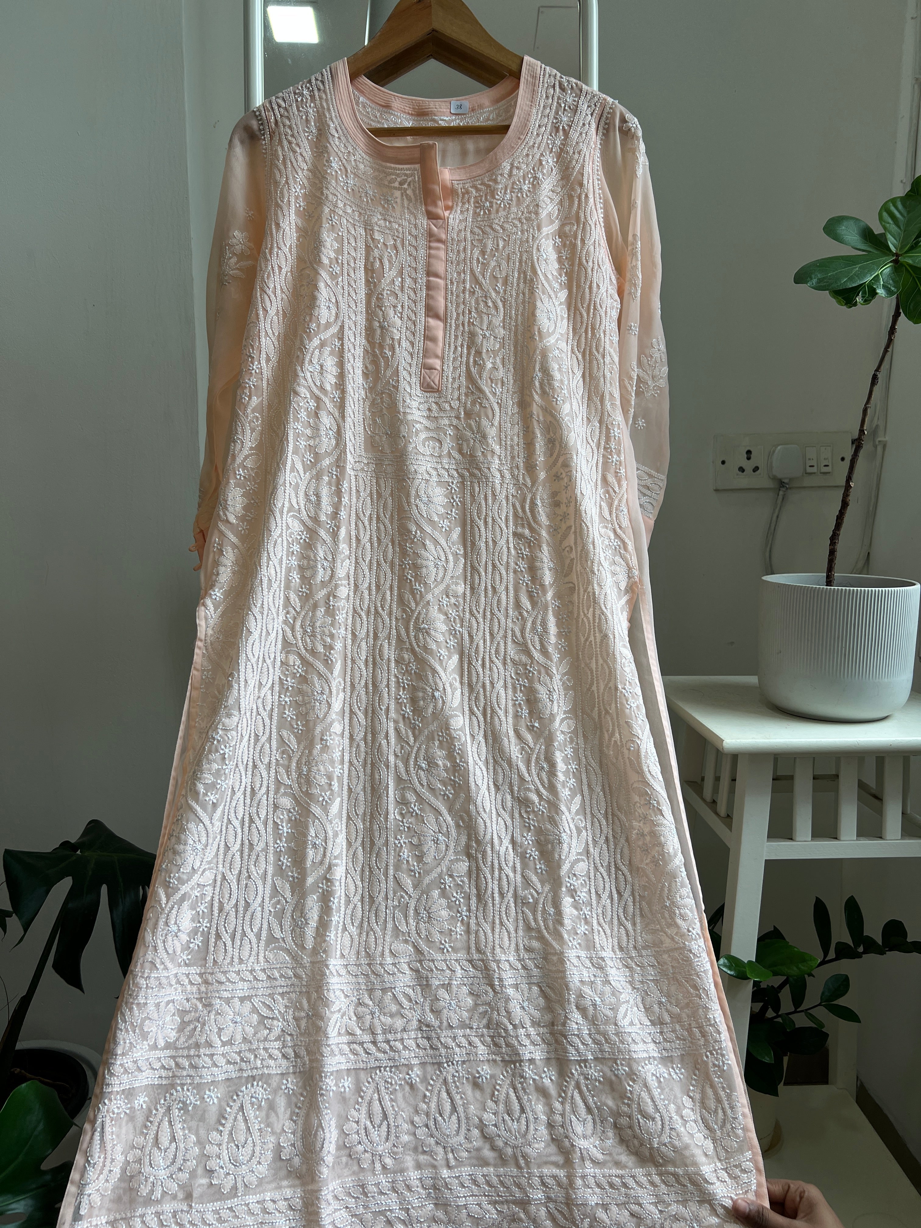 Chikankari Resham Jaal Kurti - Peach ARIAA CHIKANKARI 
