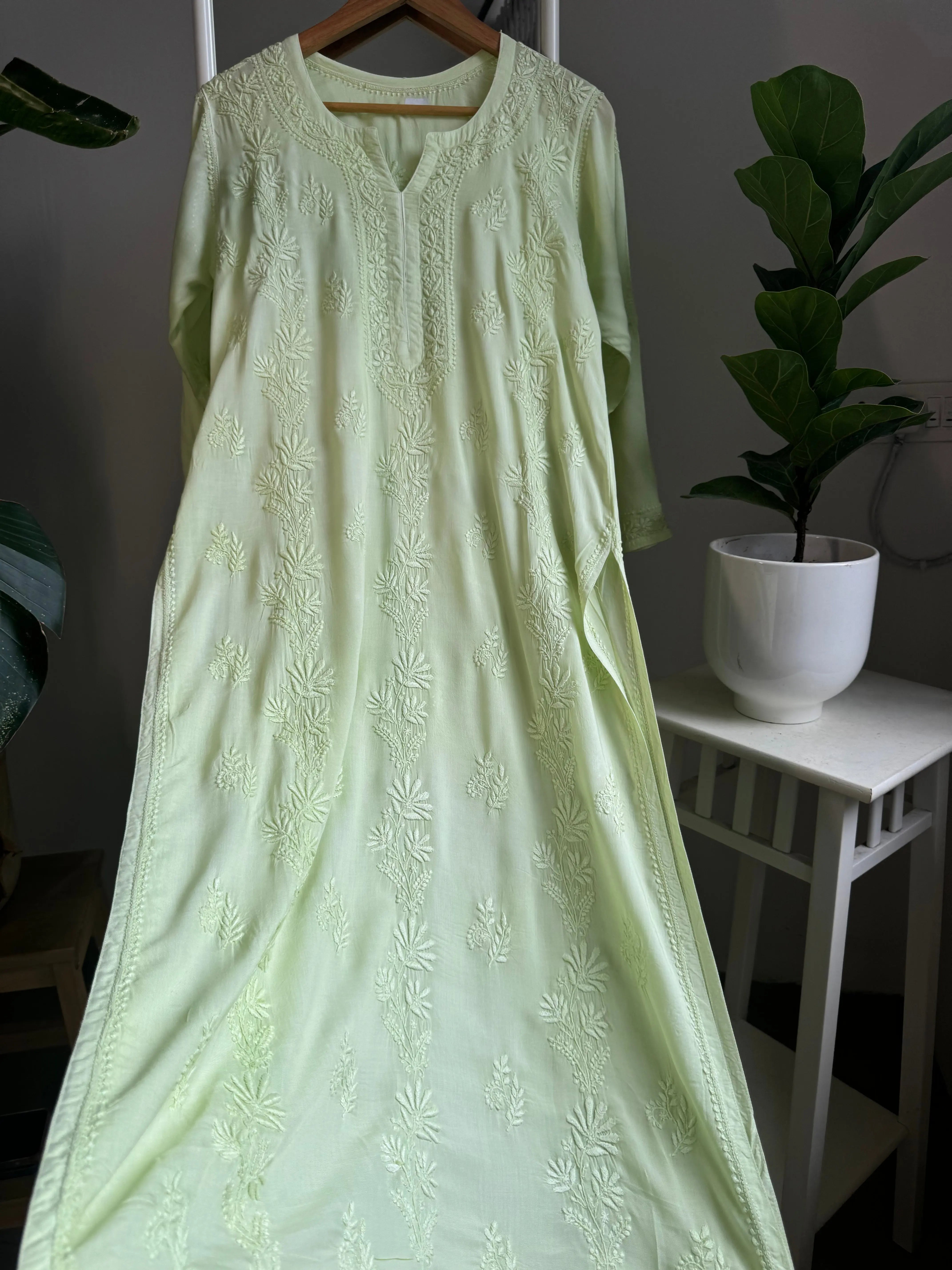 Premium Modal Chikankari Cotton Kurti - Apple Green ARIAA CHIKANKARI 