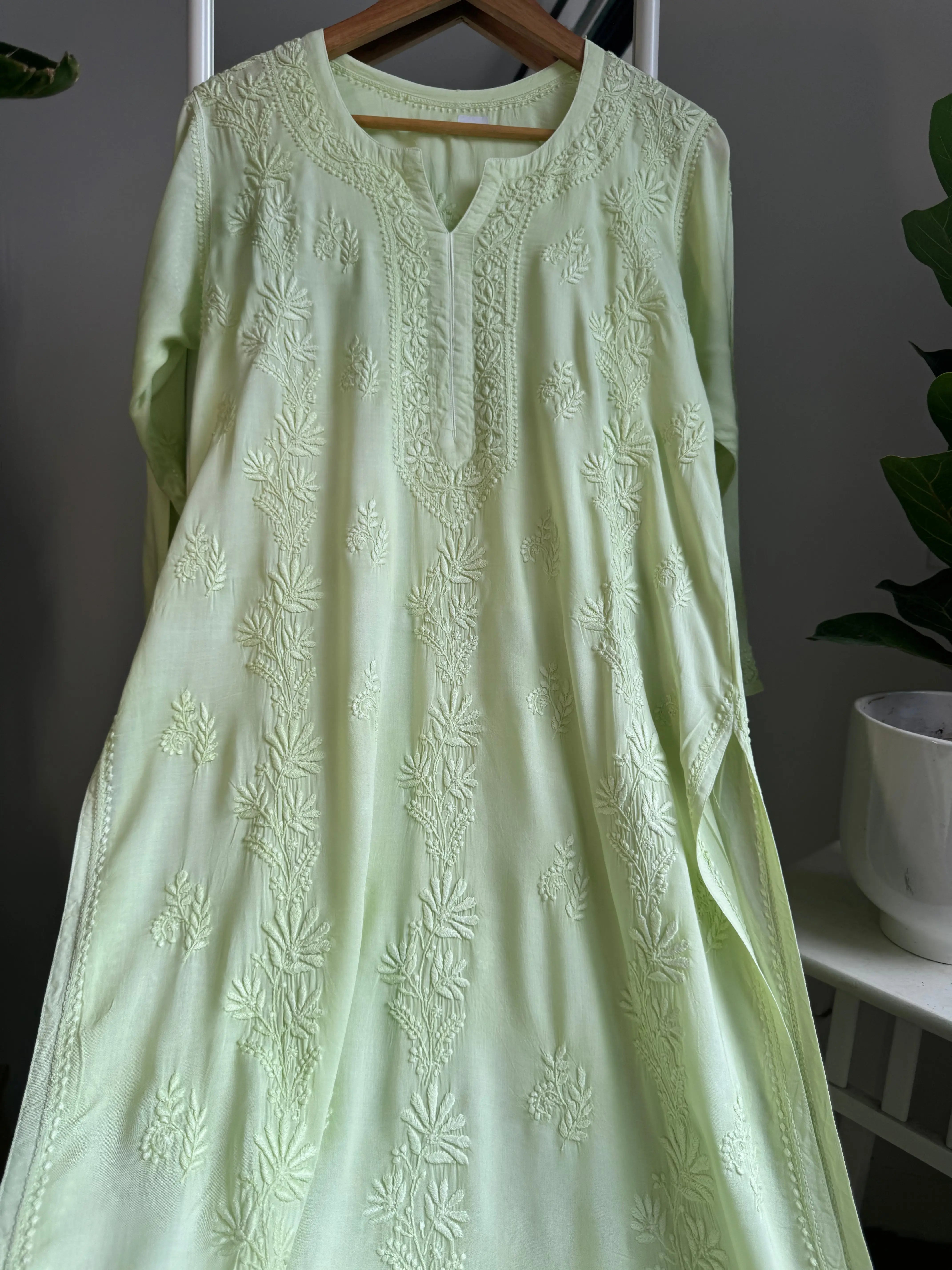 Premium Modal Chikankari Cotton Kurti - Apple Green ARIAA CHIKANKARI 