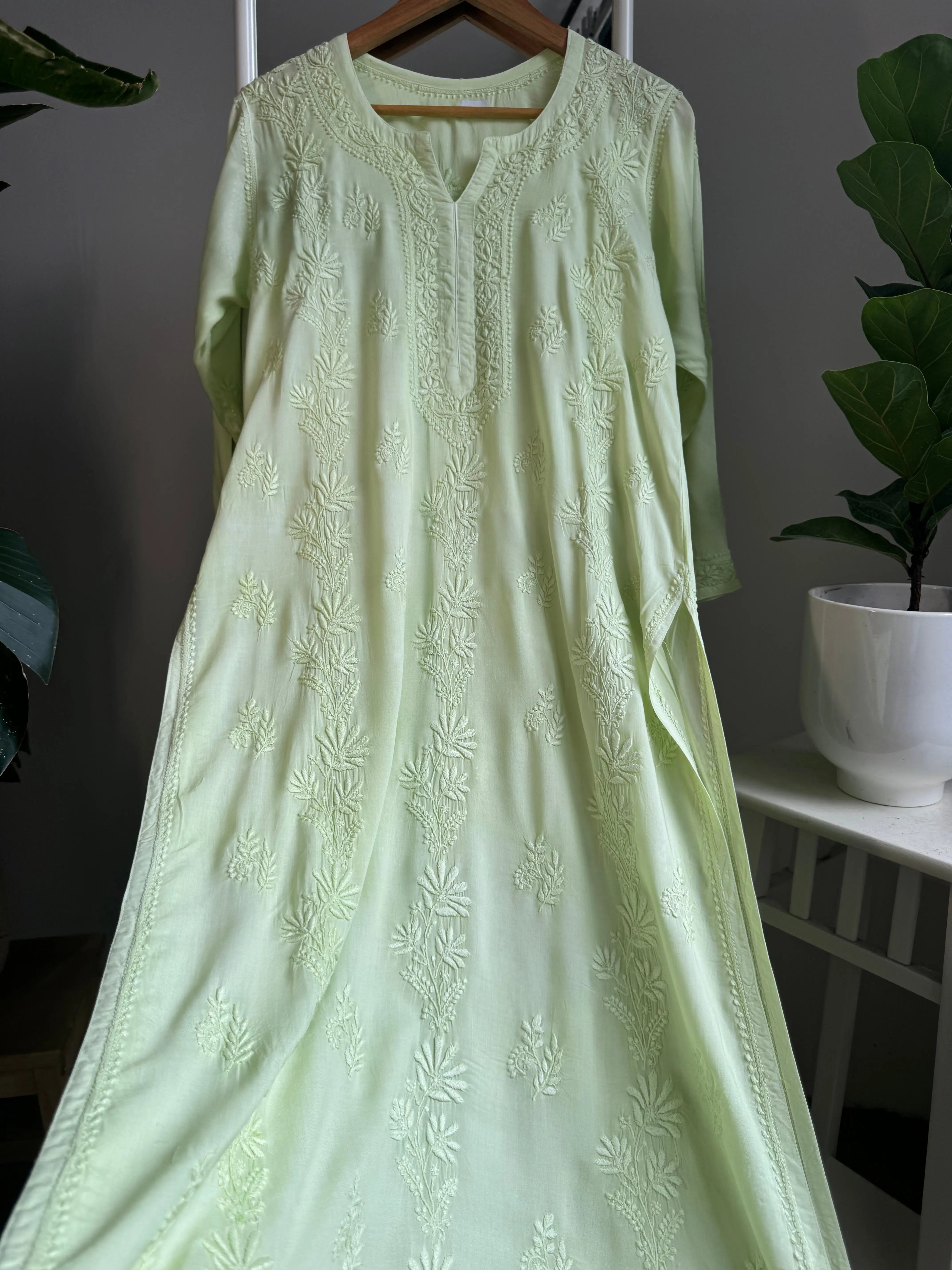 Premium Modal Chikankari Cotton Kurti - Apple Green ARIAA CHIKANKARI 