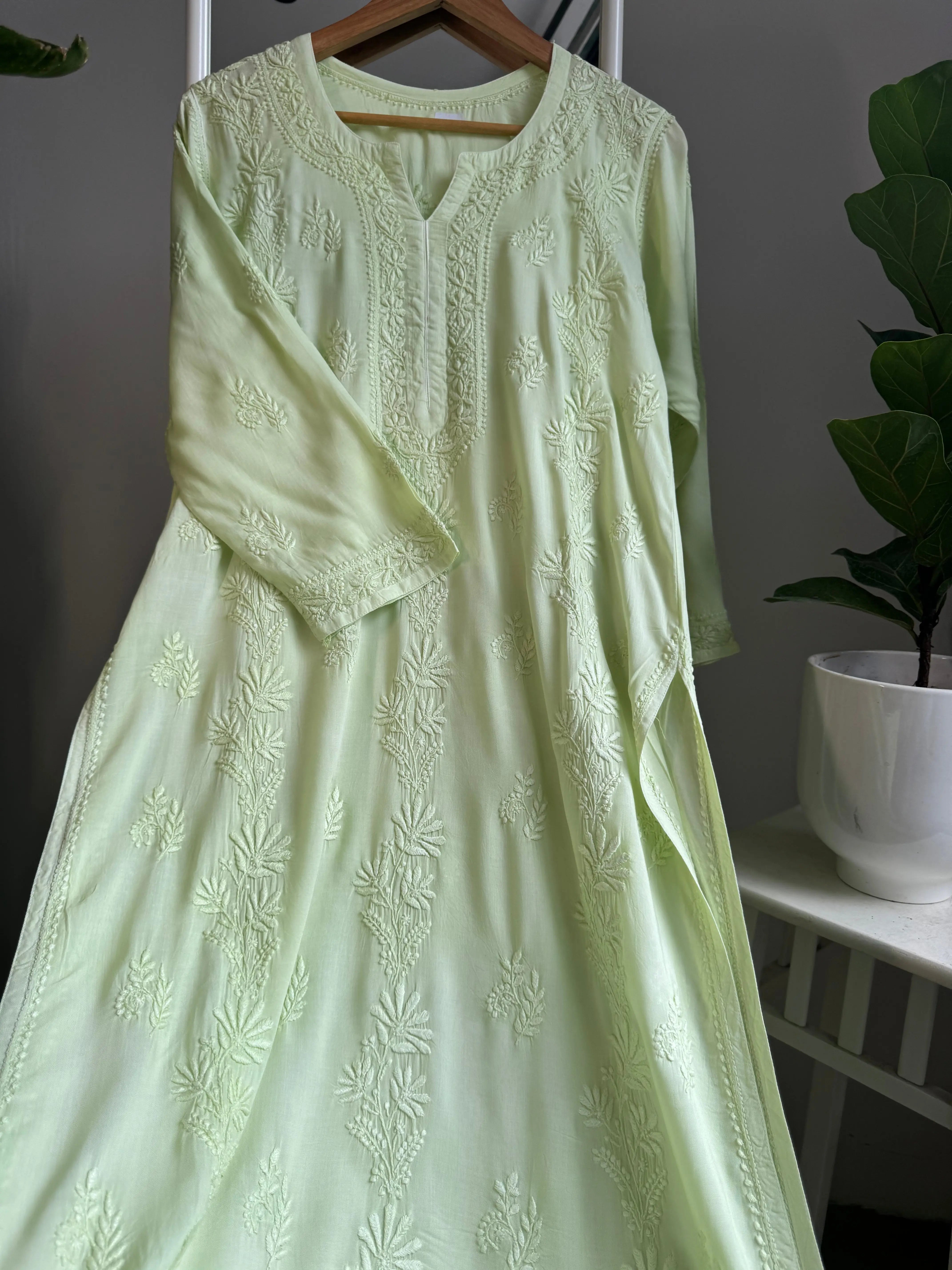 Premium Modal Chikankari Cotton Kurti - Apple Green ARIAA CHIKANKARI 